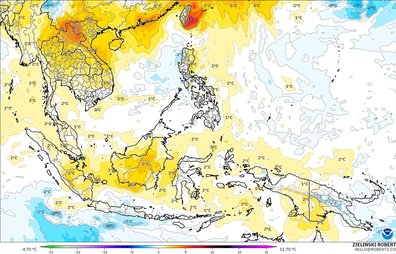 GFS modelo - Sudeste Asiático, Anomalía de temperatura a 850 hPa