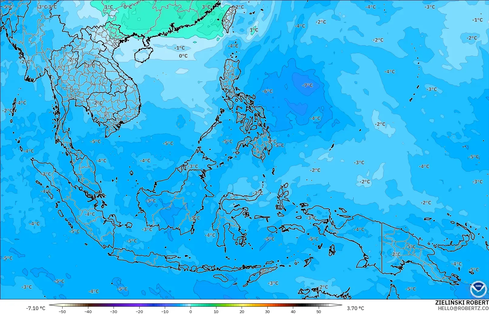 GFS modelo - Sudeste Asiático, Temperatura a 500 hPa