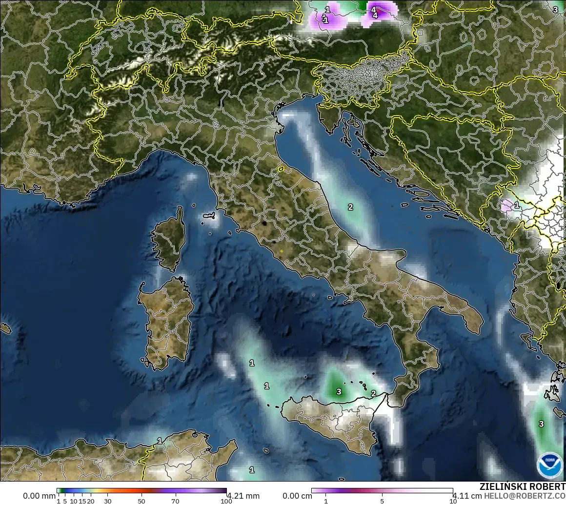 GFS modelo - Italia, Precipitación, nubes y presión