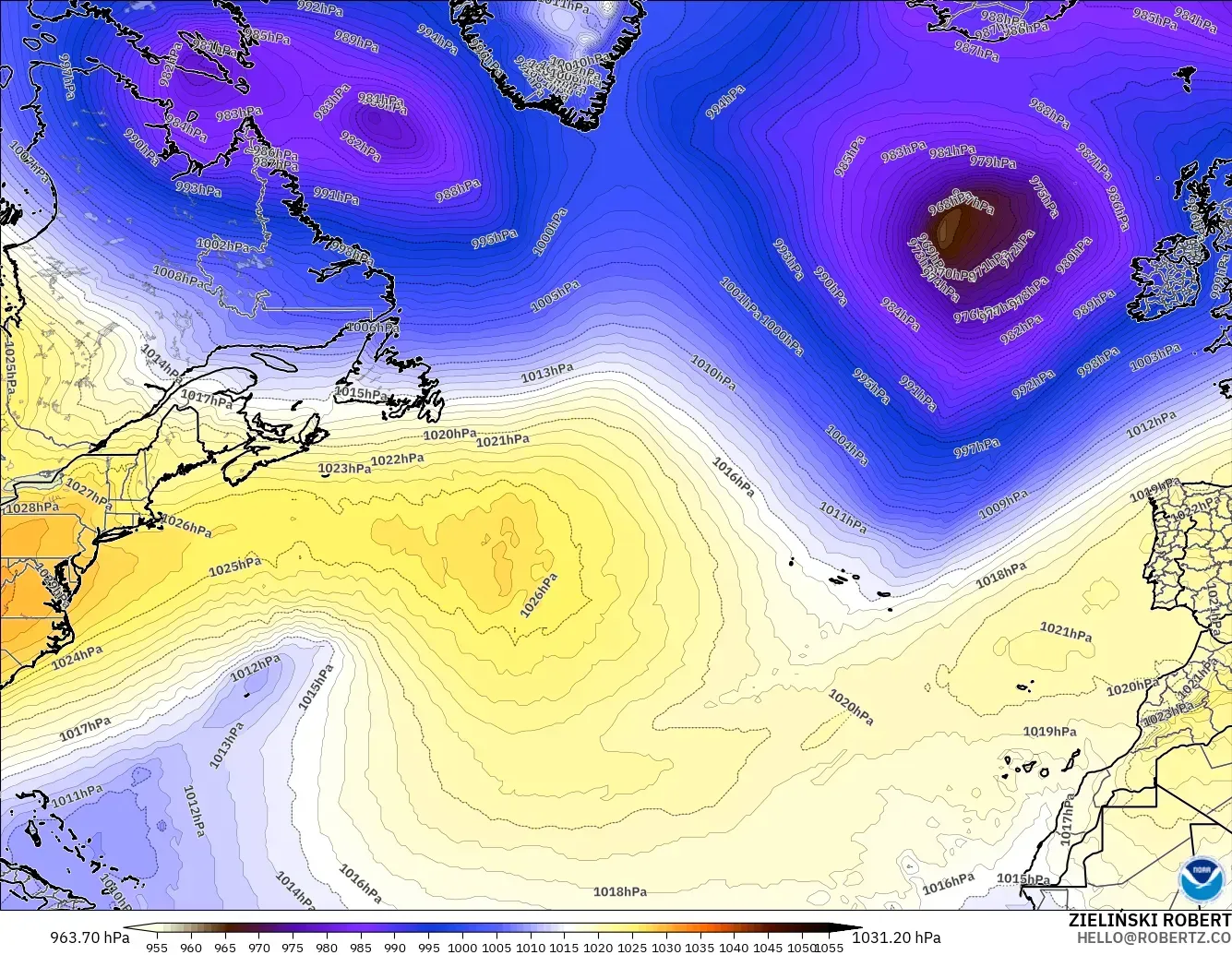 GFS modelo - Norte Atlántico, Presión