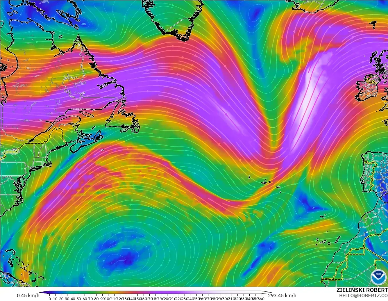GFS modelo - Norte Atlántico, Viento a 300 hPa (corriente en chorro)