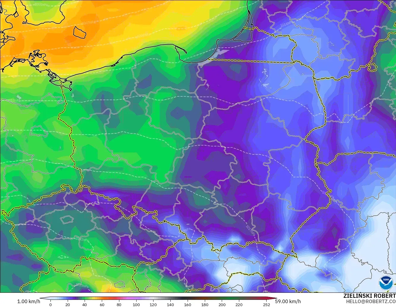 GFS modelo - Polonia, Ráfagas de viento