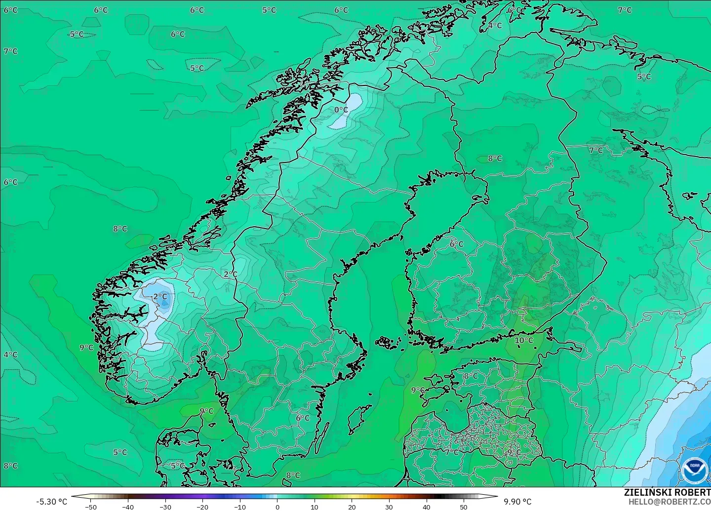 GFS modelo - Escandinavia, Punto de rocío a 2 m