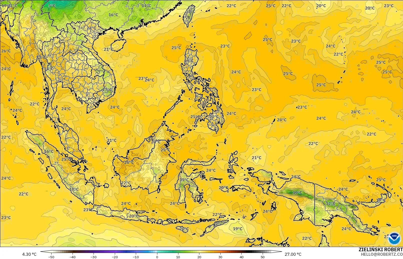 GFS modelo - Sudeste Asiático, Punto de rocío a 2 m