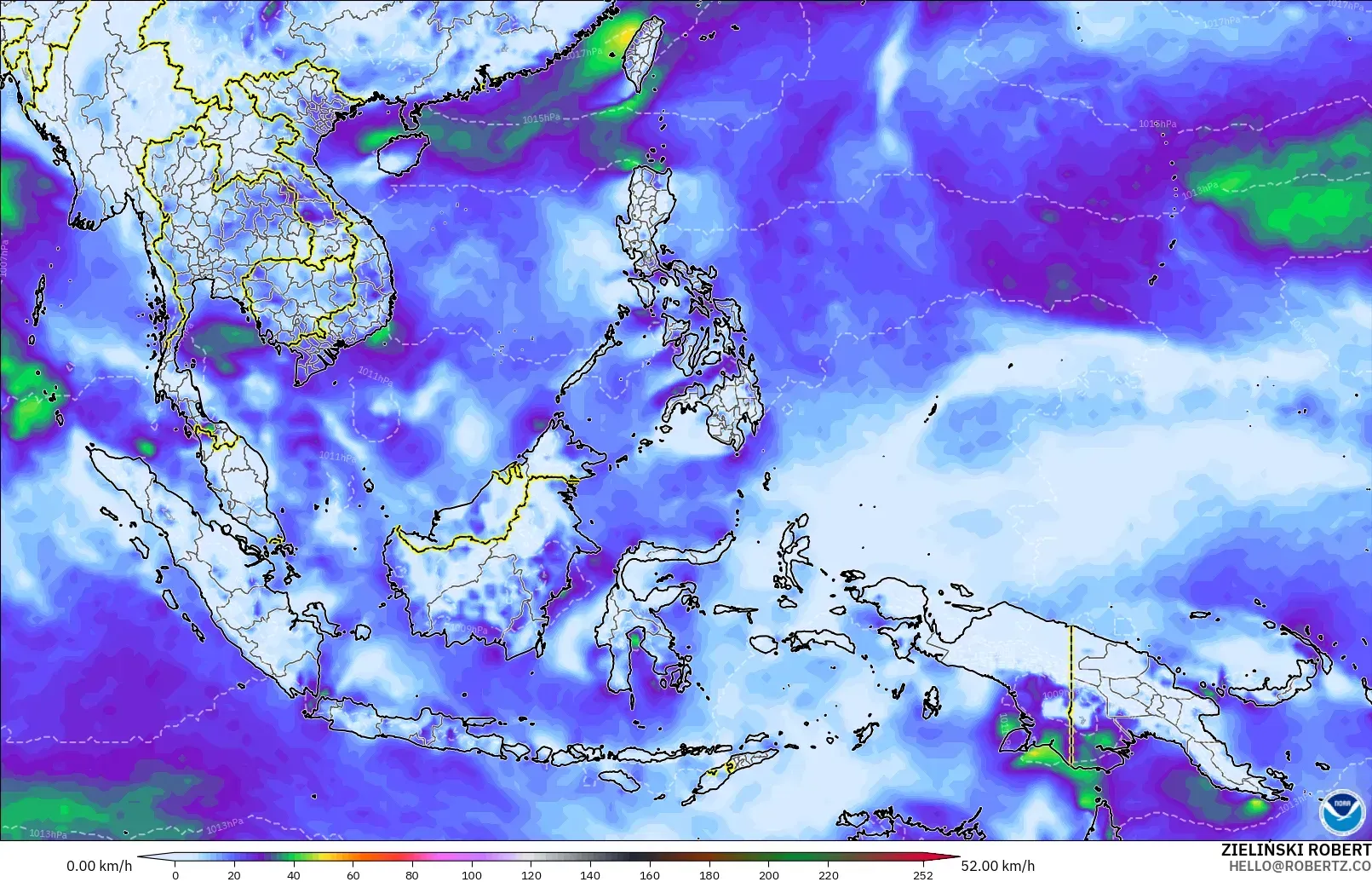 GFS modelo - Sudeste Asiático, Ráfagas de viento