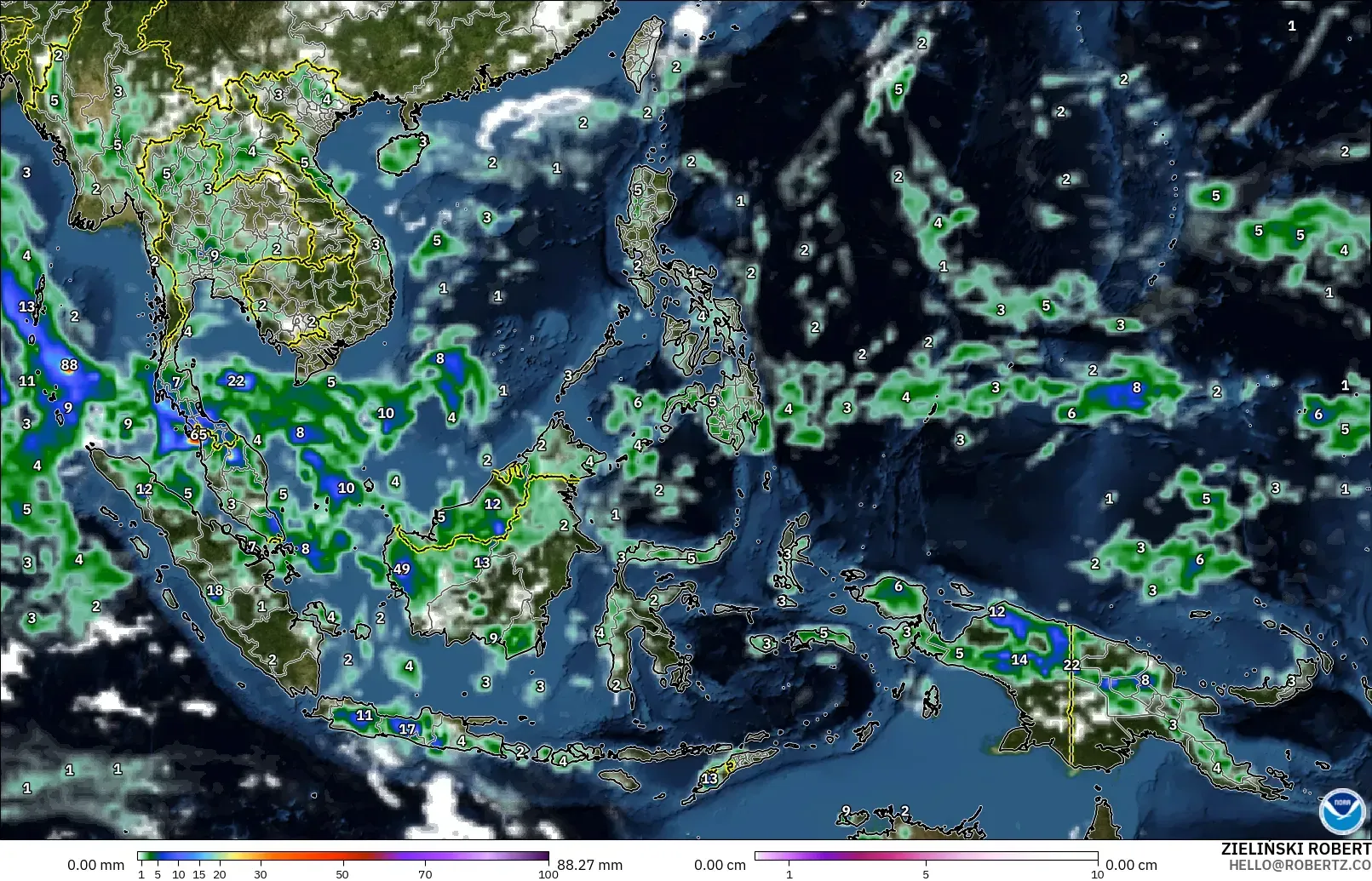 GFS modelo - Sudeste Asiático, Precipitación, nubes y presión