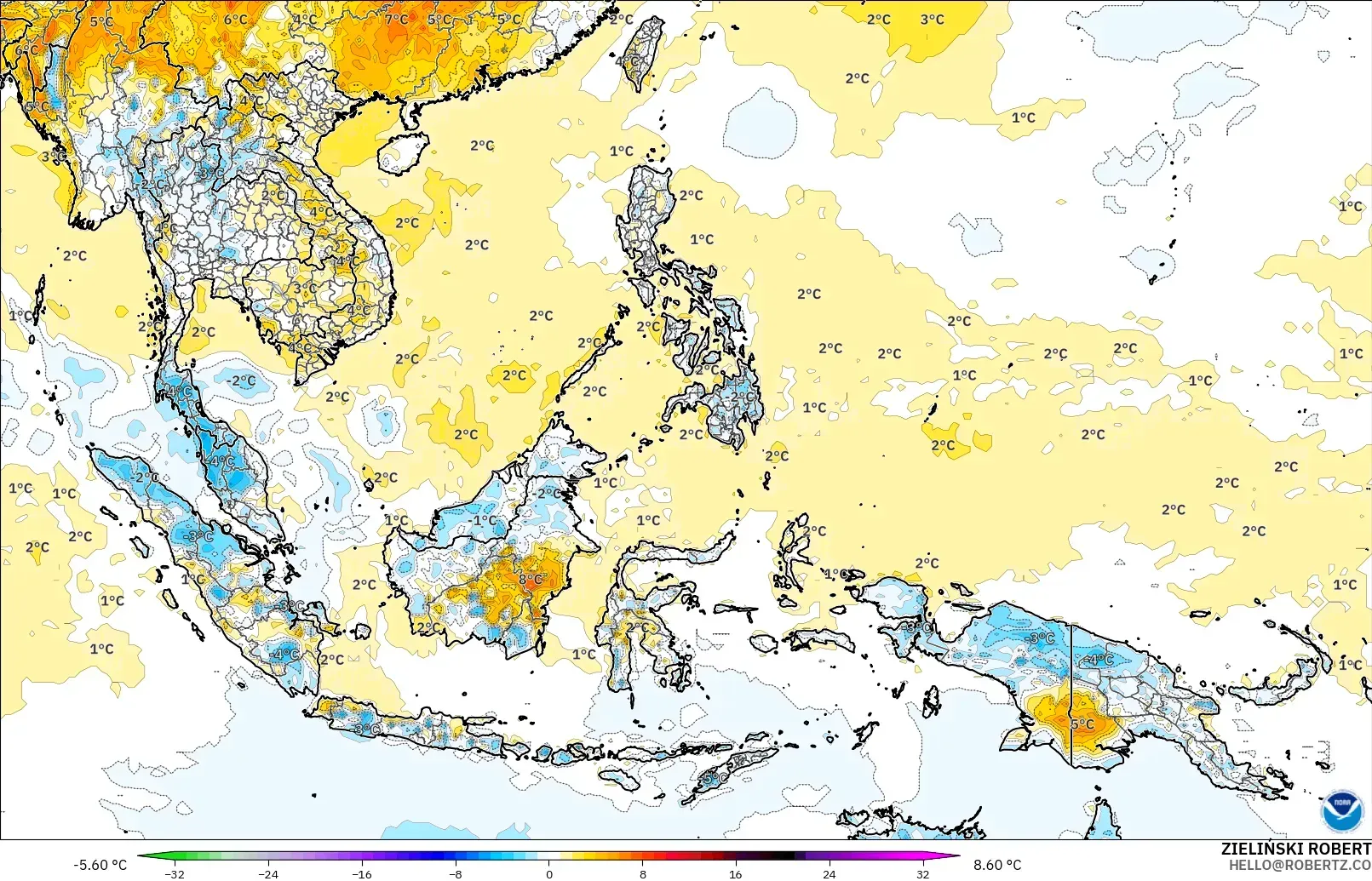 GFS modelo - Sudeste Asiático, Anomalía de temperatura a 2 m