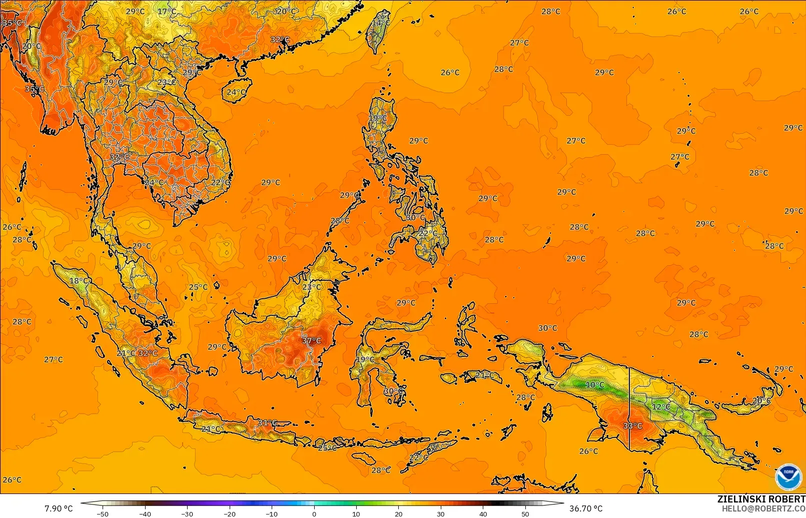 GFS modelo - Sudeste Asiático, Temperatura a 2 m