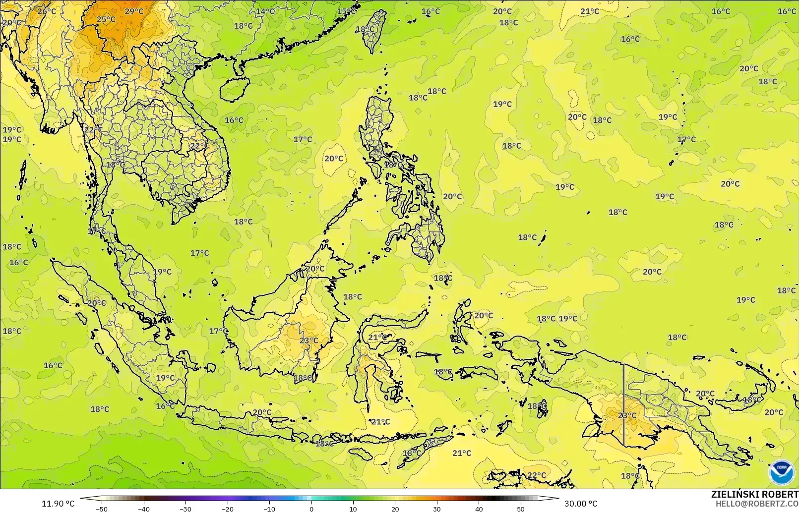 GFS modelo - Sudeste Asiático, Temperatura a 850 hPa