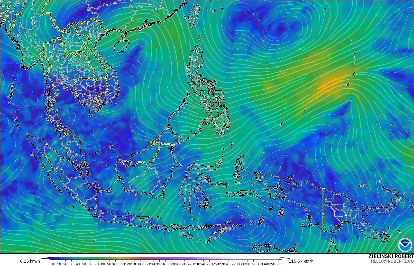 GFS modelo - Sudeste Asiático, Viento a 300 hPa (corriente en chorro)
