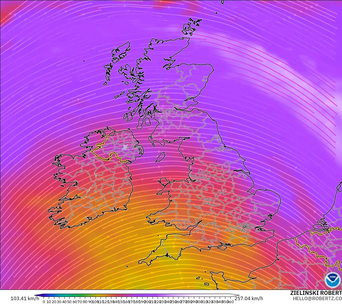GFS modelo - Reino Unido, Viento a 300 hPa (corriente en chorro)