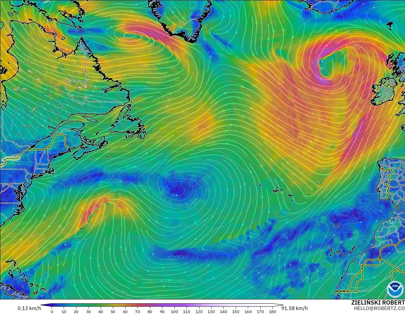 GFS modelo - Norte Atlántico, Viento a 10 m