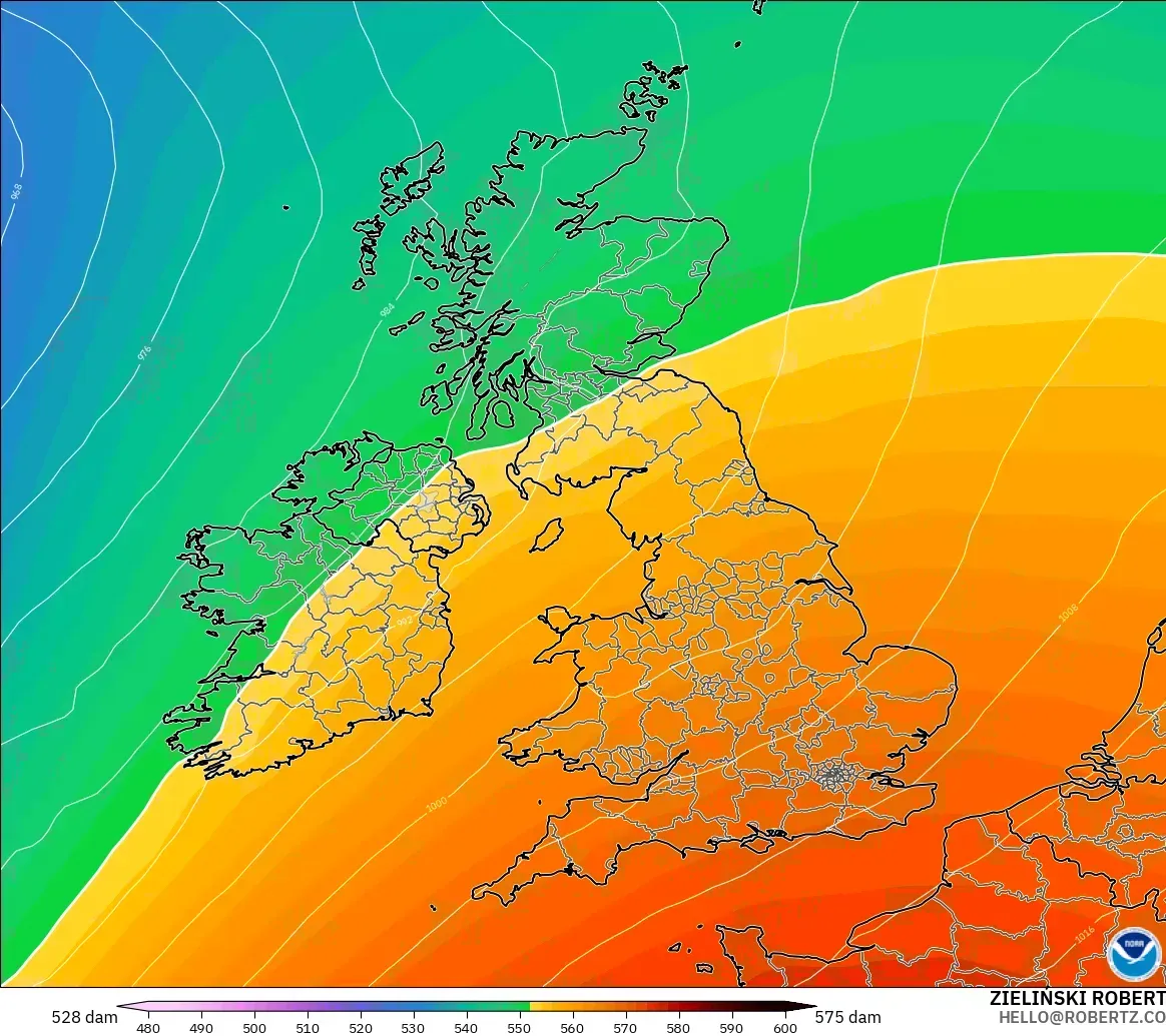 GFS modelo - Reino Unido, Altura geopotencial a 500 hPa