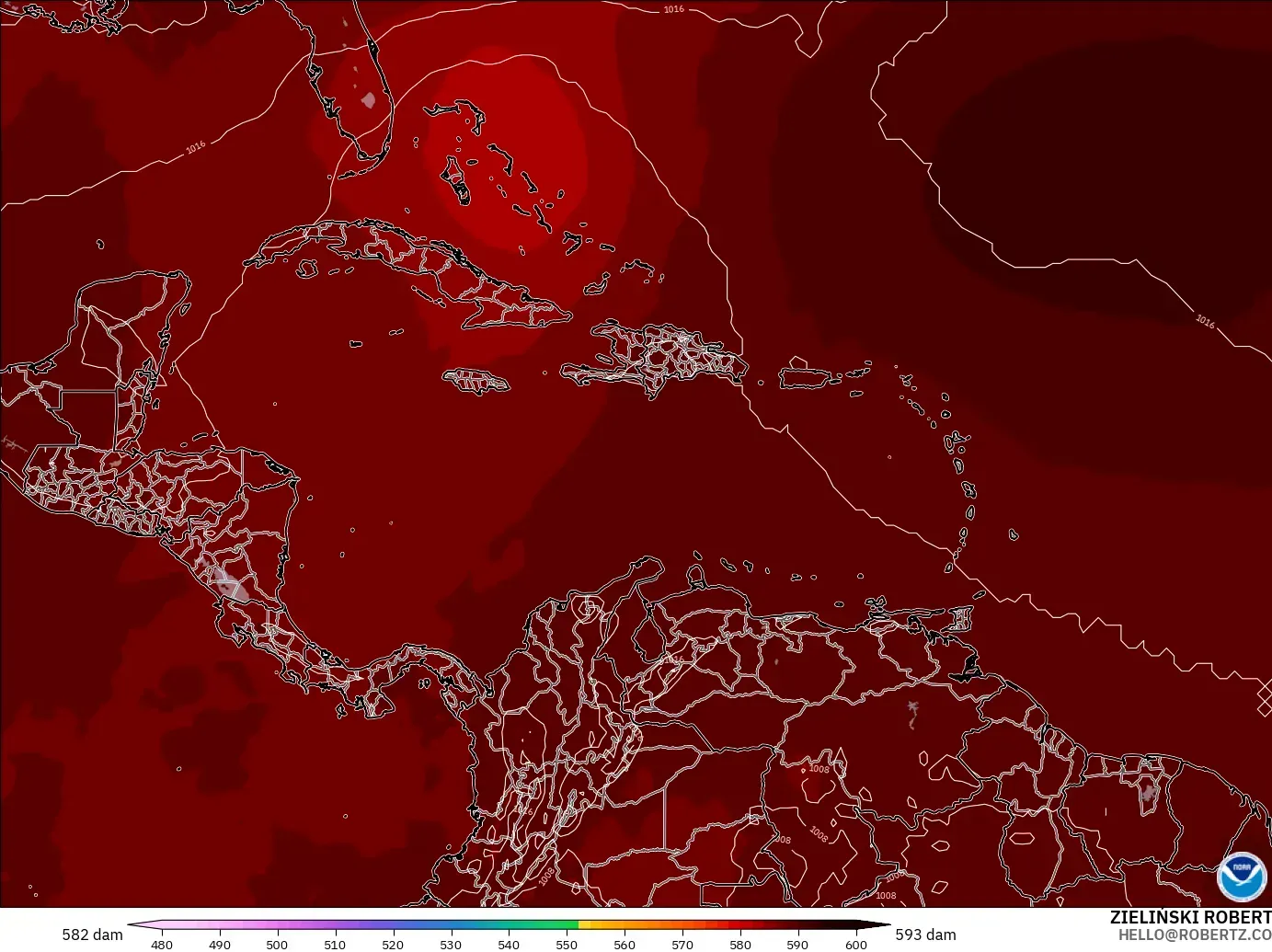 GFS modelo - Caribe, Altura geopotencial a 500 hPa