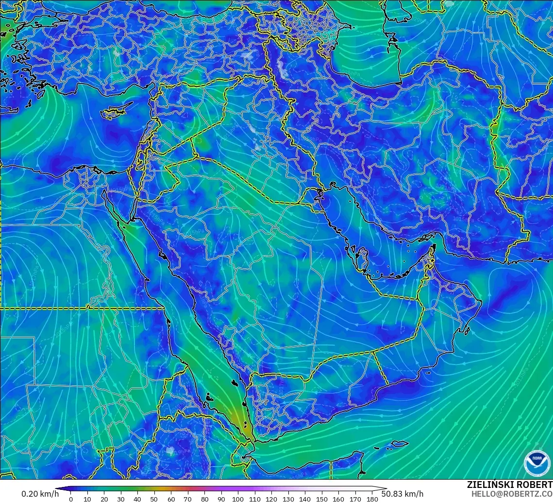 GFS modelo - Oriente Medio, Viento a 10 m