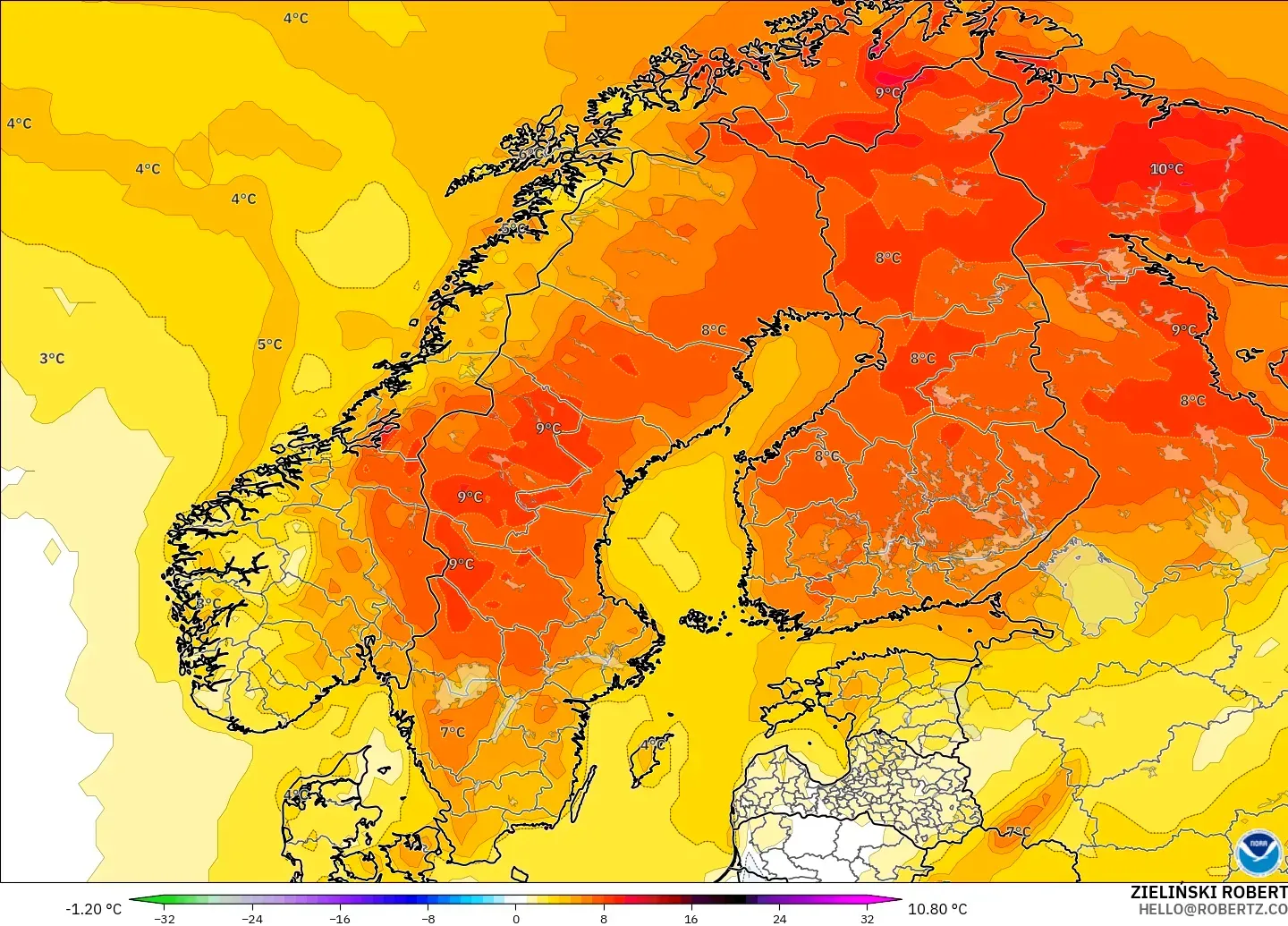 GFS modelo - Escandinavia, Anomalía de temperatura a 2 m