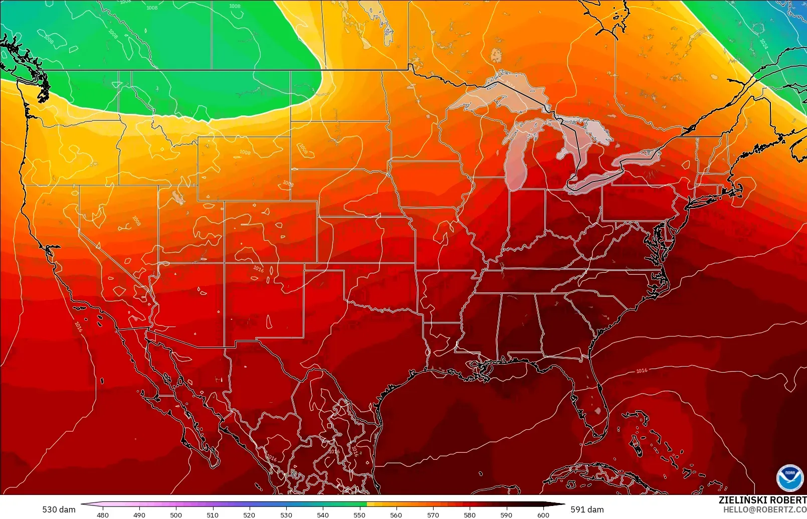 GFS modelo - Estados Unidos, Altura geopotencial a 500 hPa