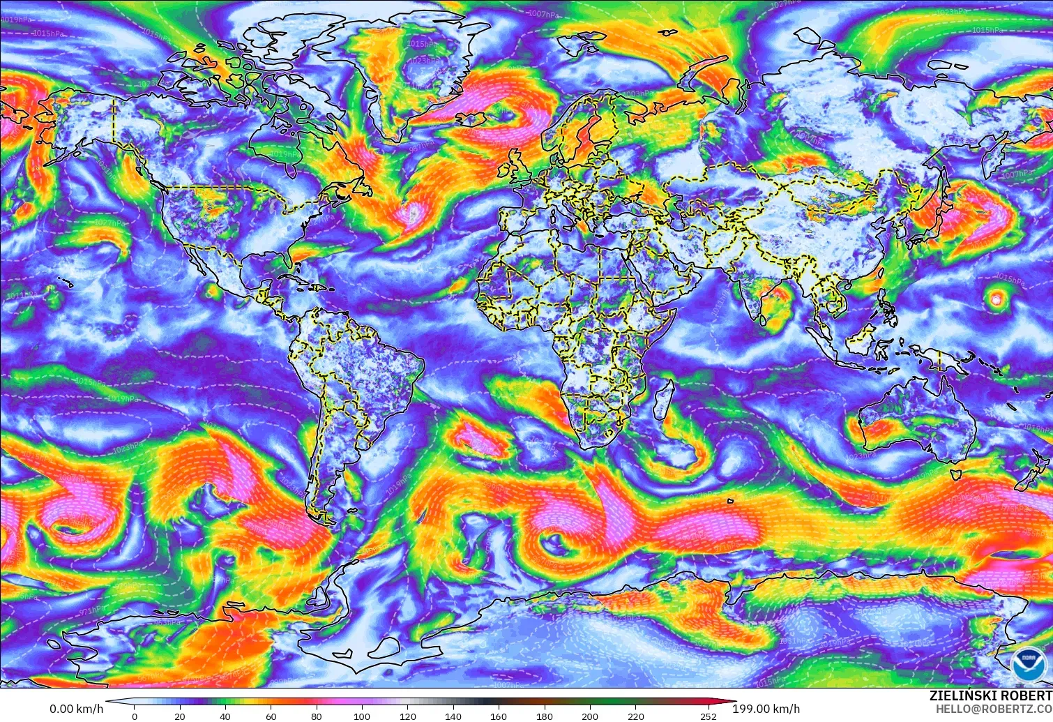 GFS modelo - Mundo, Ráfagas de Viento Máximas