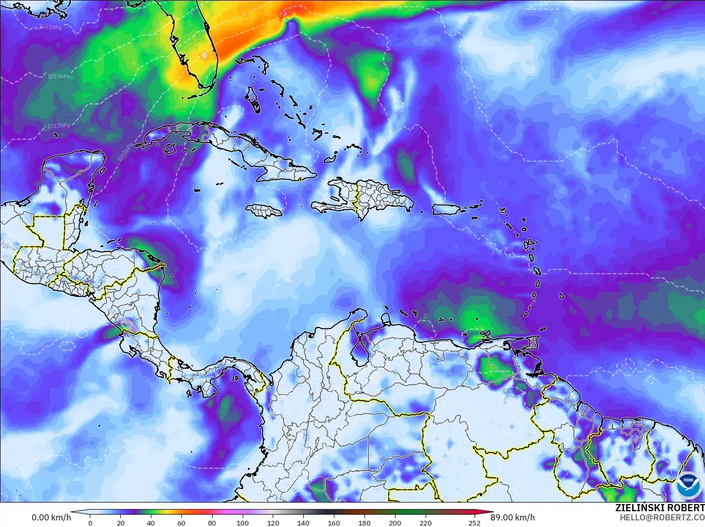 GFS modelo - Caribe, Ráfagas de viento