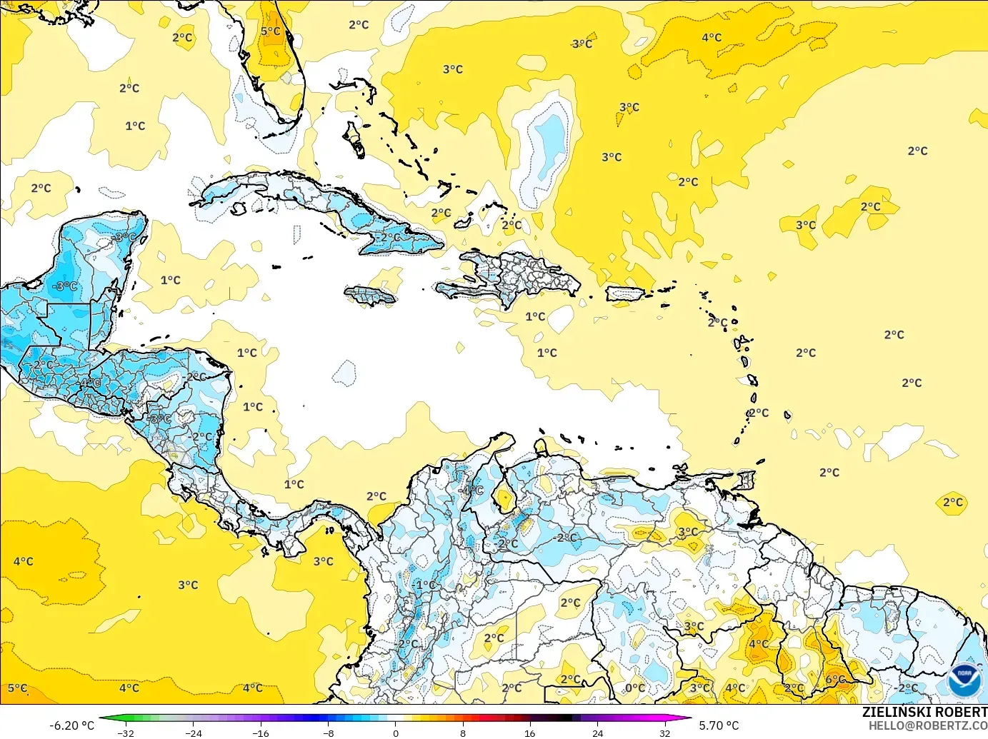 GFS modelo - Caribe, Anomalía de temperatura a 2 m
