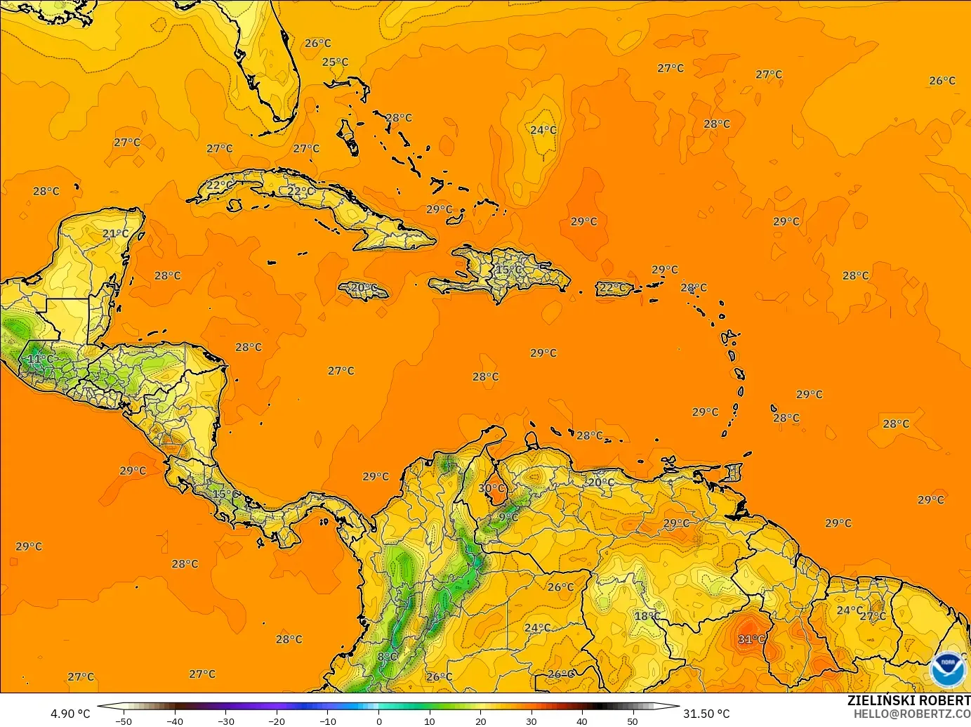 GFS modelo - Caribe, Temperatura a 2 m