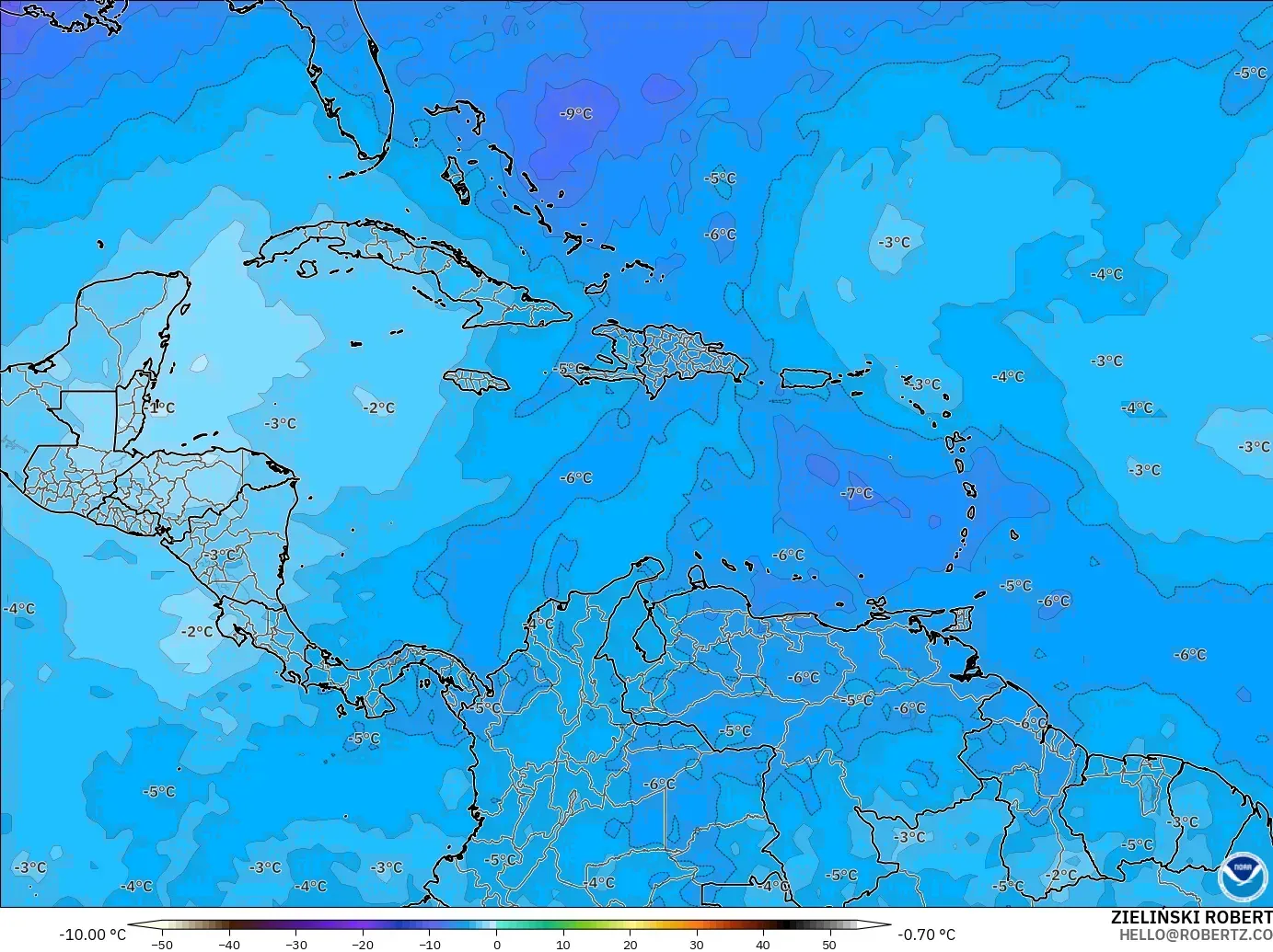 GFS modelo - Caribe, Temperatura a 500 hPa