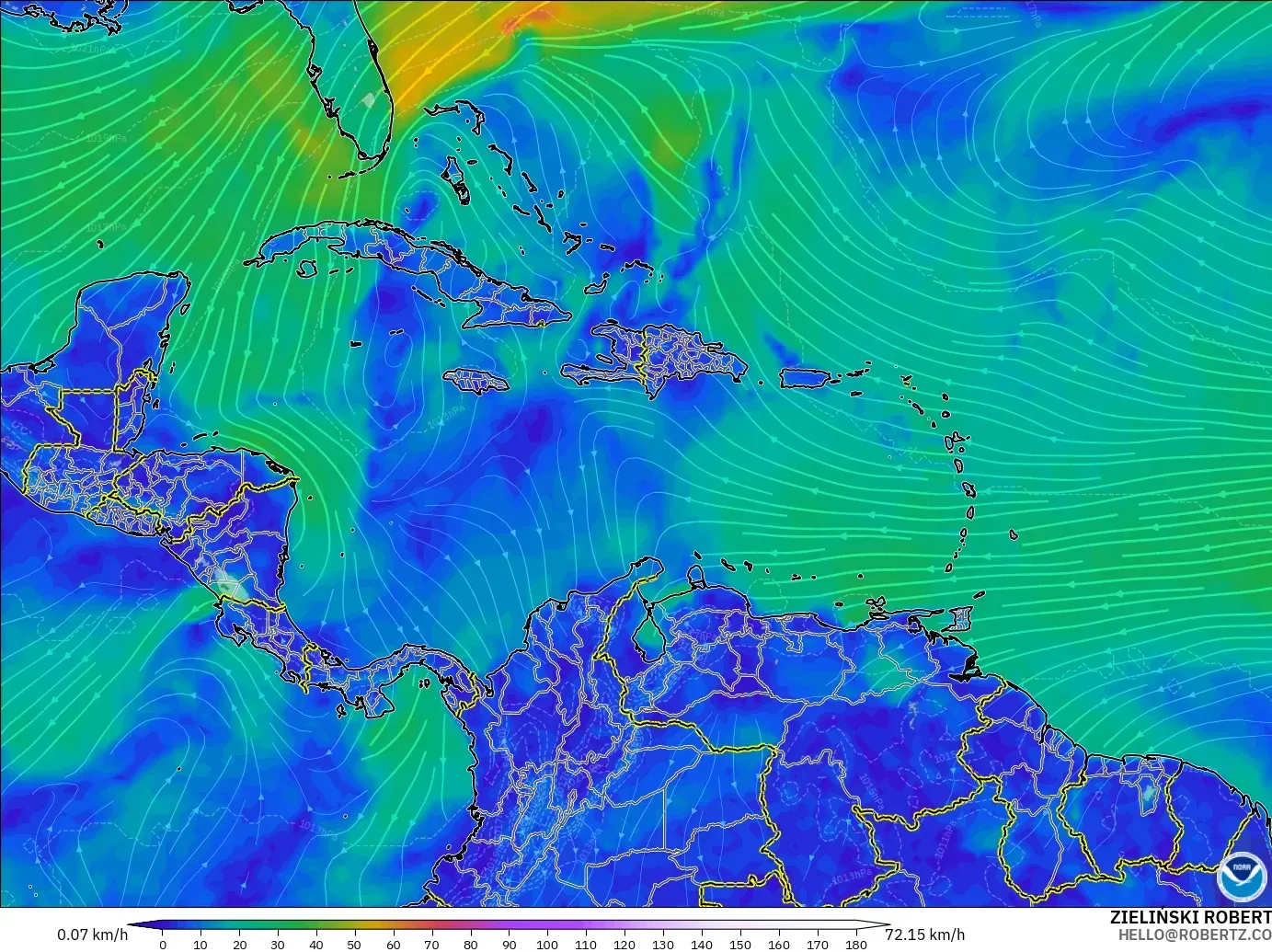 GFS modelo - Caribe, Viento a 10 m