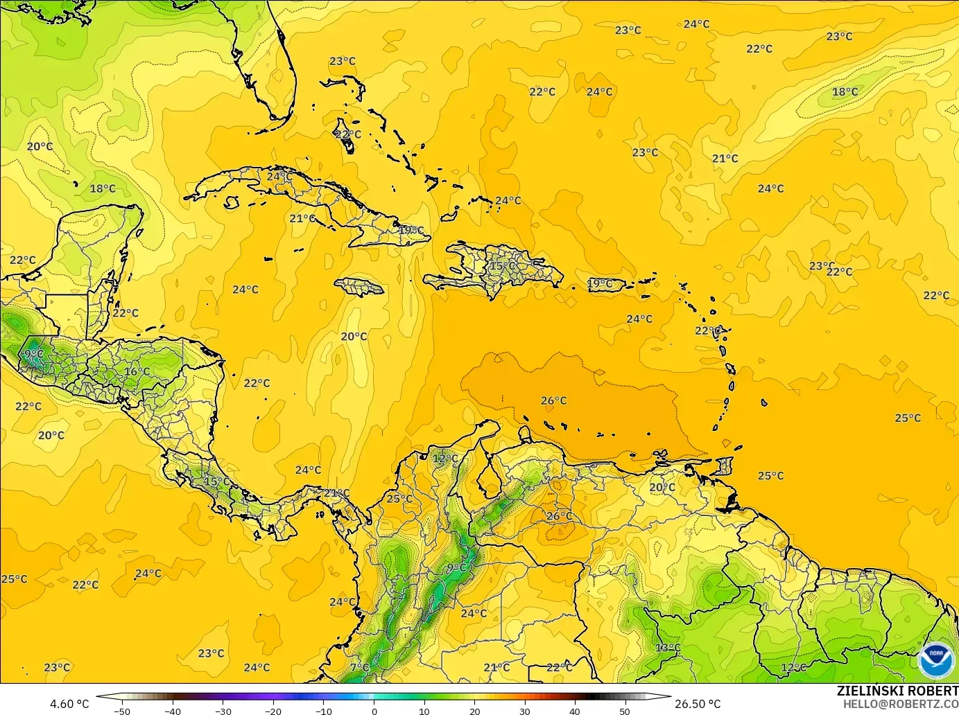 GFS modelo - Caribe, Punto de rocío a 2 m