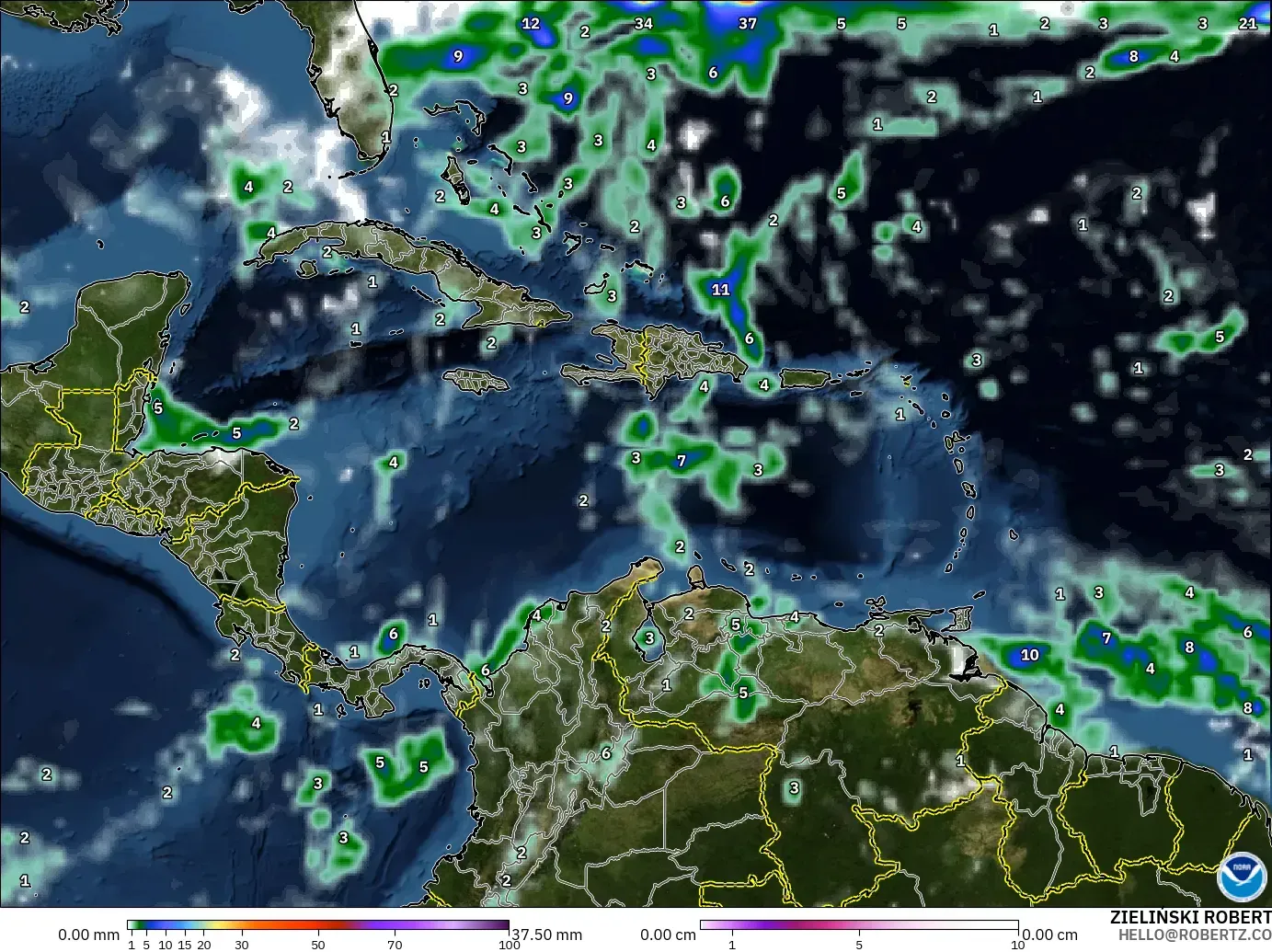 GFS modelo - Caribe, Precipitación, nubes y presión