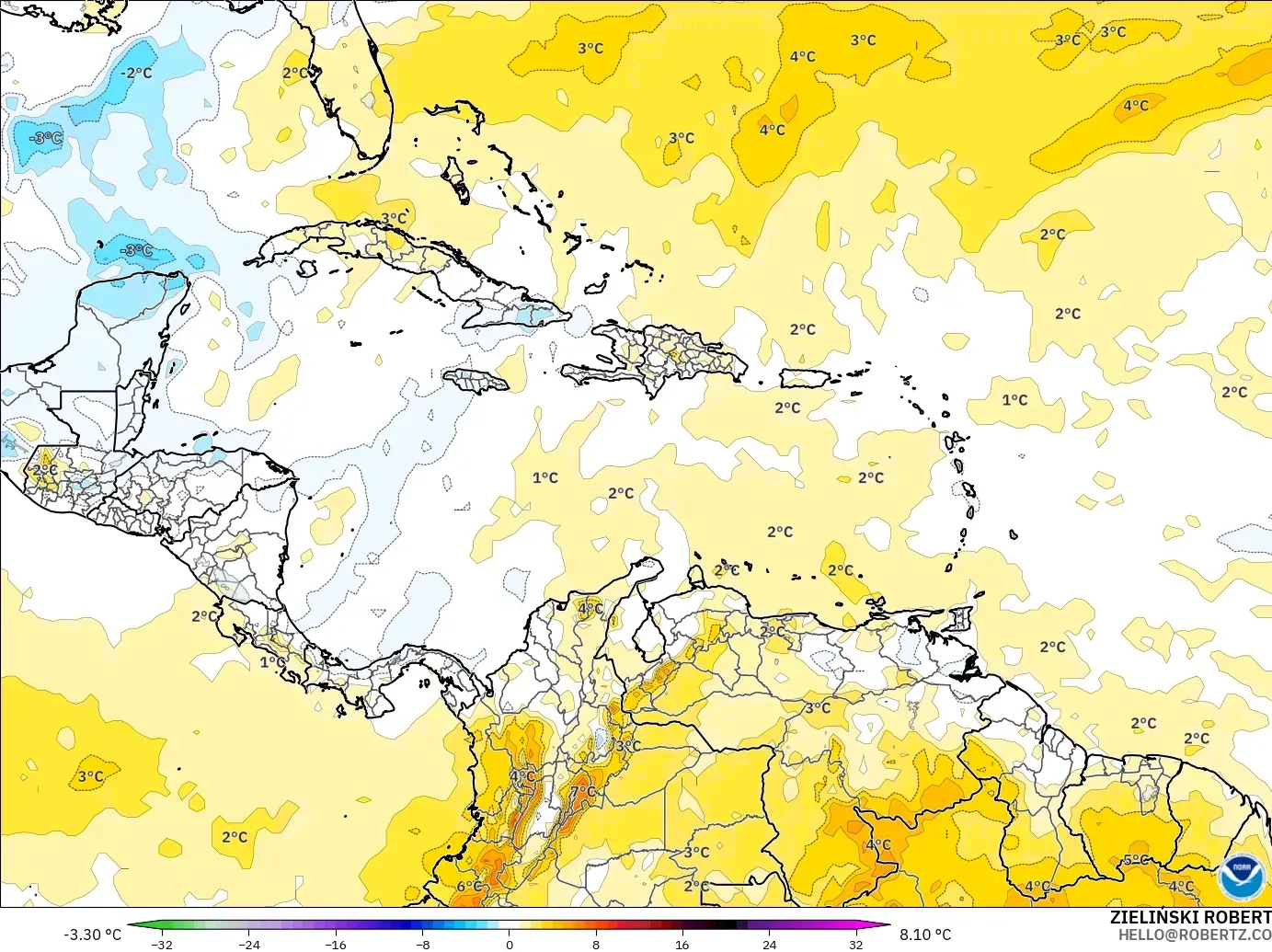 GFS modelo - Caribe, Anomalía de temperatura a 850 hPa