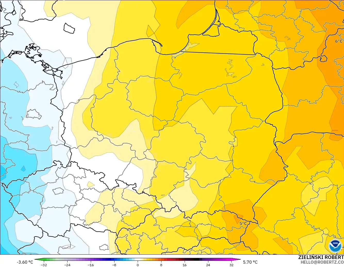 GFS modelo - Polonia, Anomalía de temperatura a 850 hPa