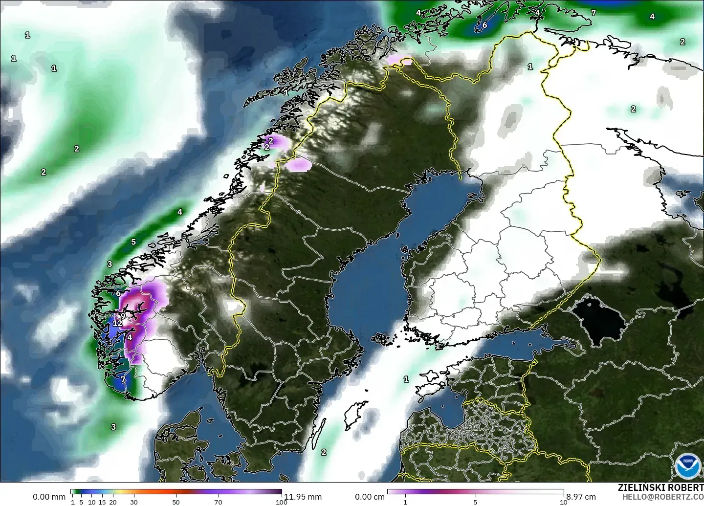 GFS modelo - Escandinavia, Precipitación, nubes y presión