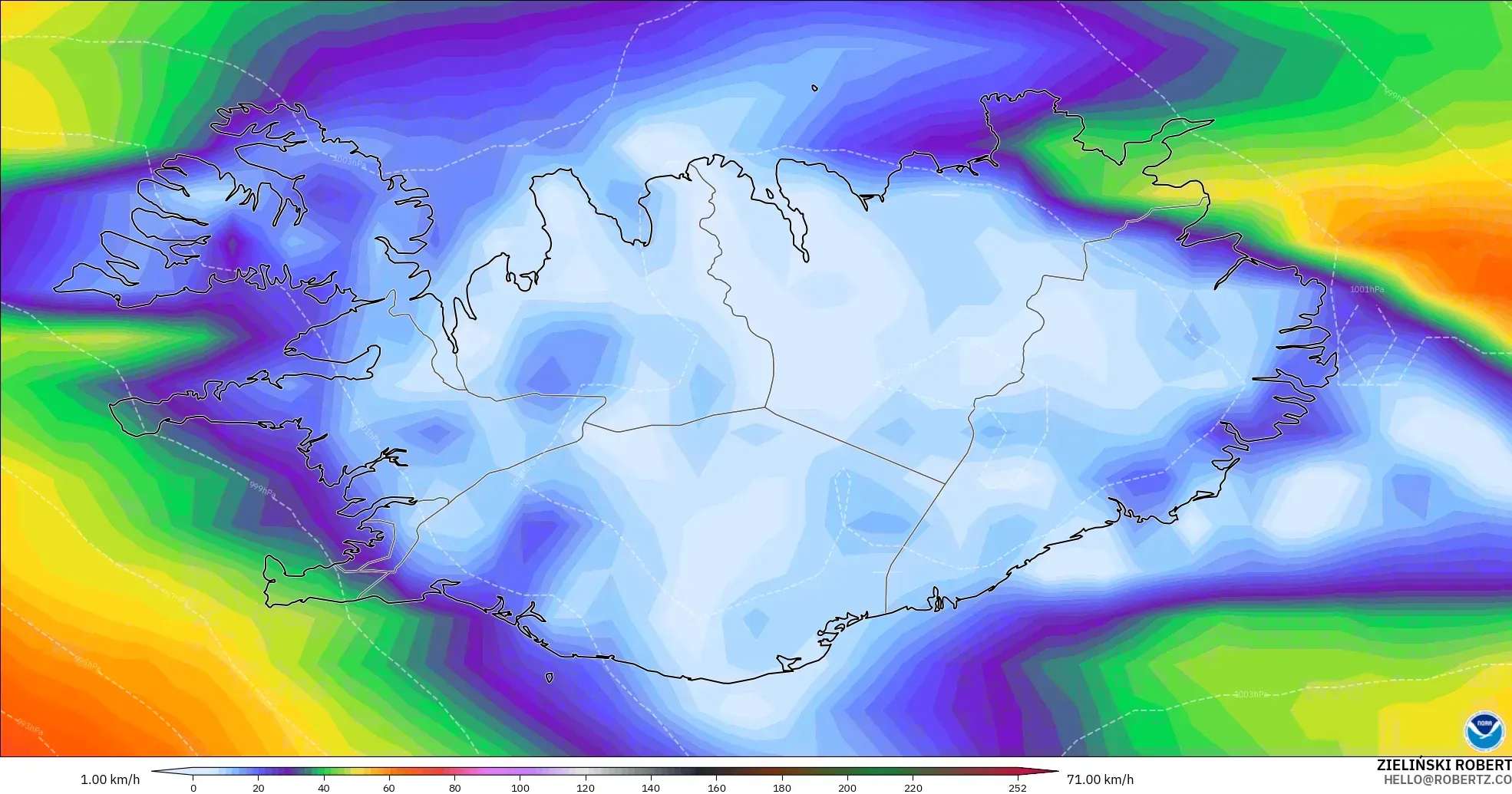GFS modelo - Islandia, Ráfagas de viento