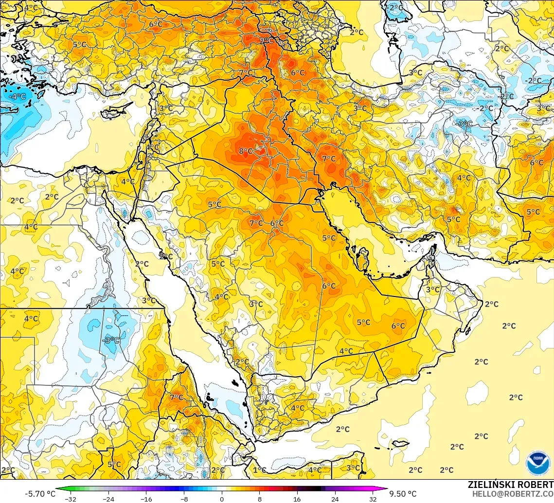 GFS modelo - Oriente Medio, Anomalía de temperatura a 2 m