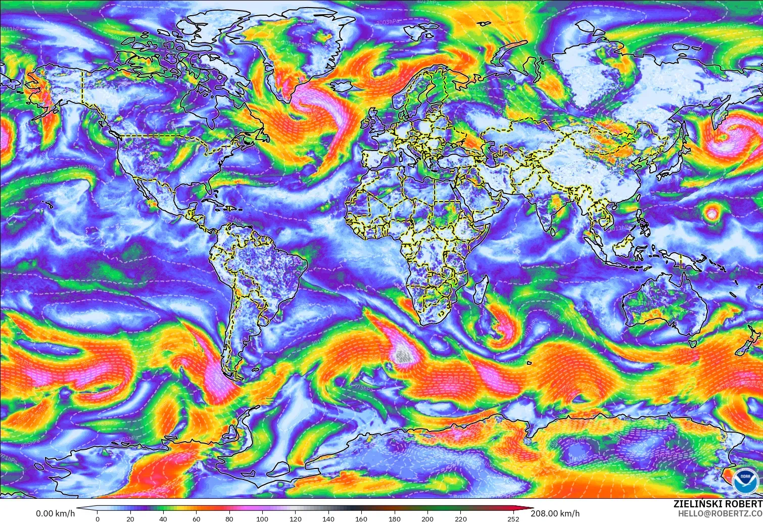 GFS modelo - Mundo, Ráfagas de viento