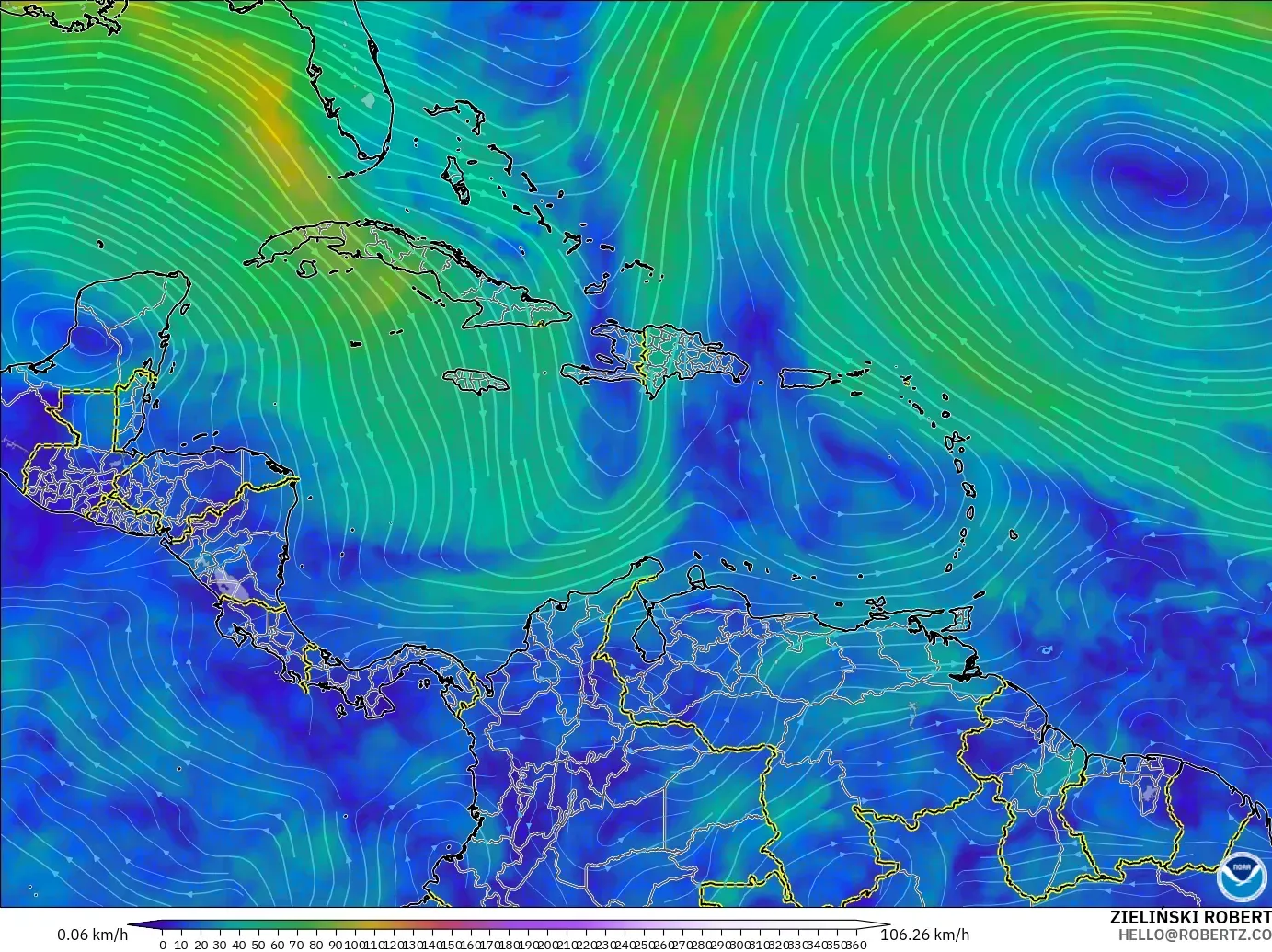 GFS modelo - Caribe, Viento a 300 hPa (corriente en chorro)