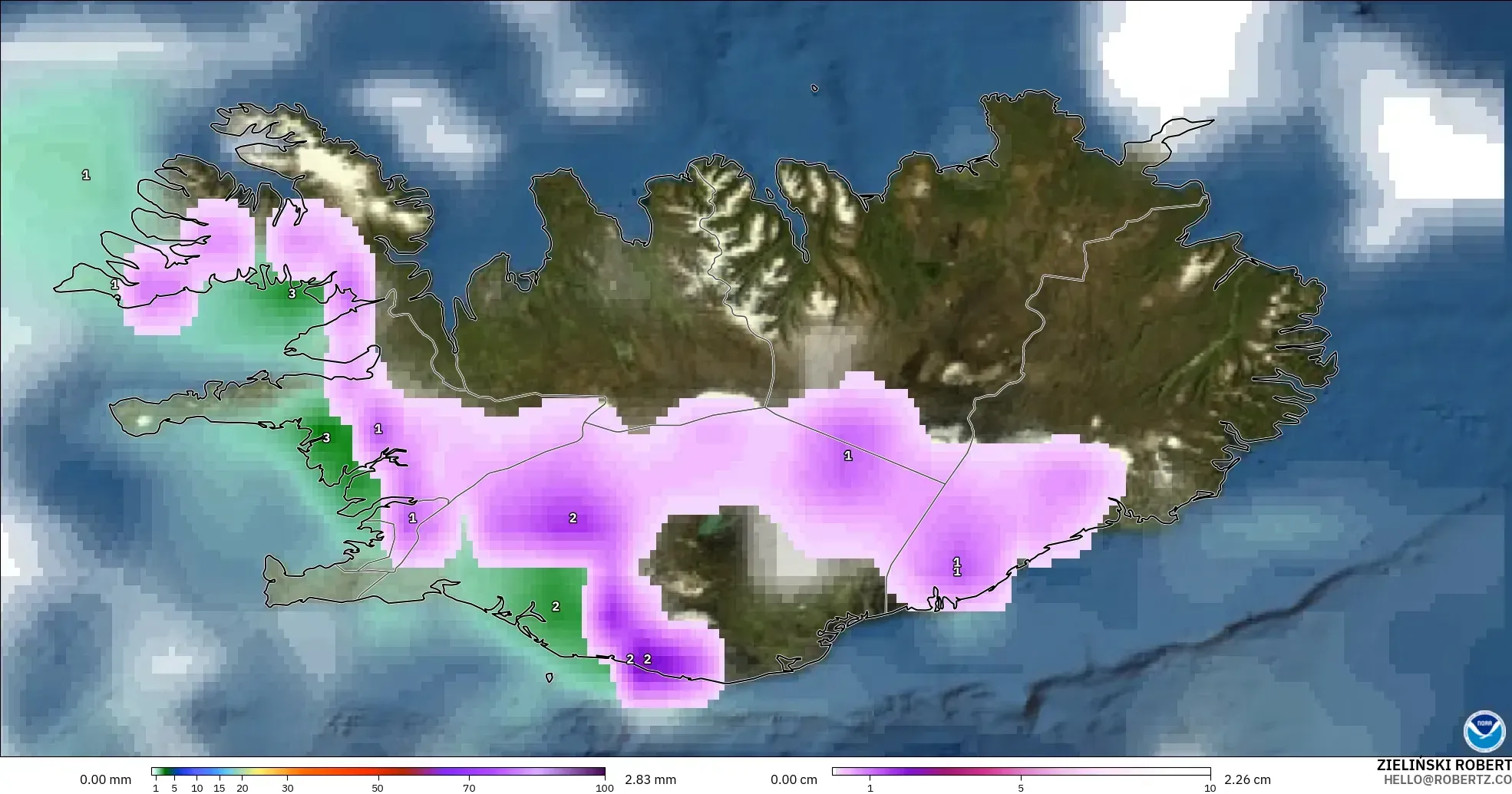 GFS modelo - Islandia, Precipitación, nubes y presión
