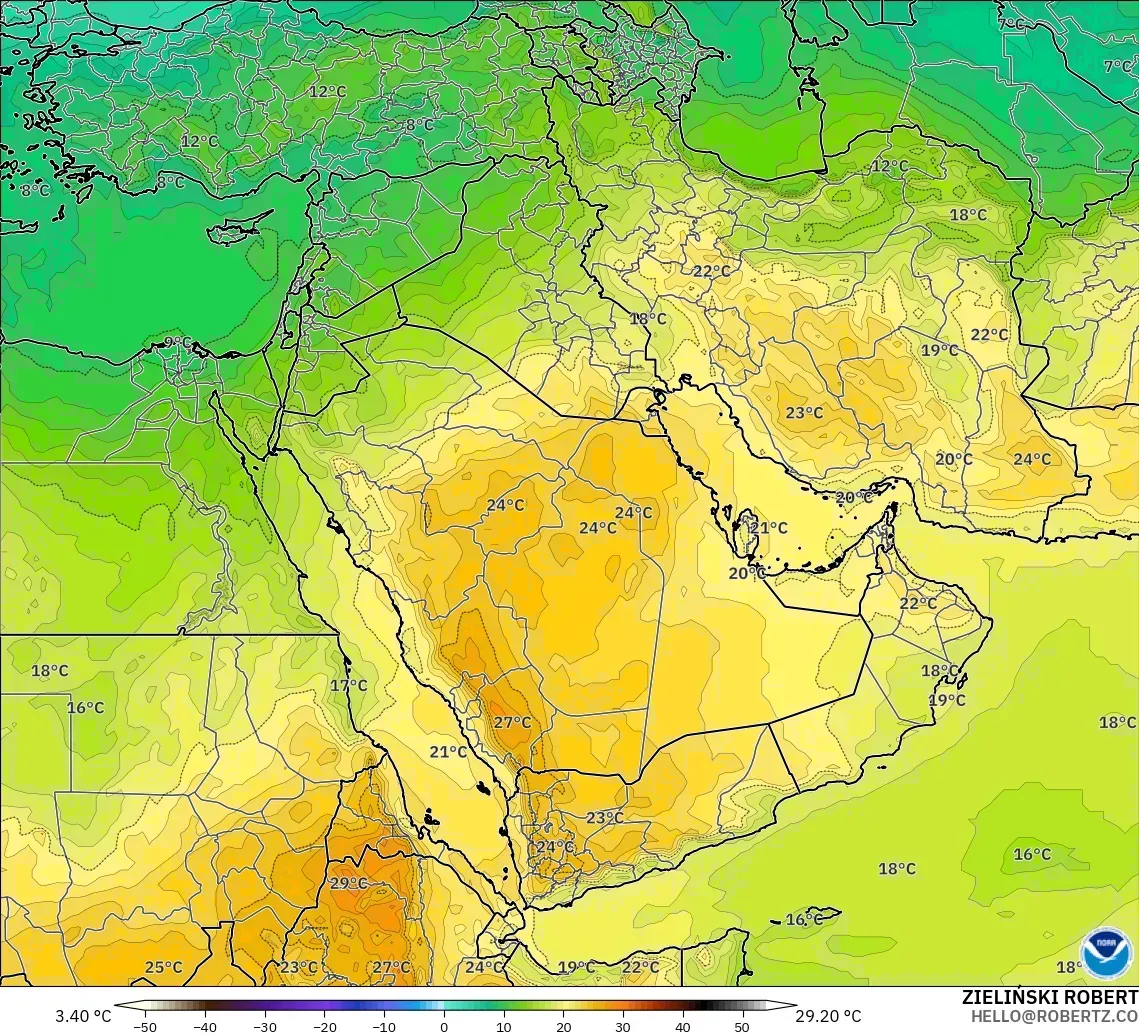 GFS modelo - Oriente Medio, Temperatura a 850 hPa