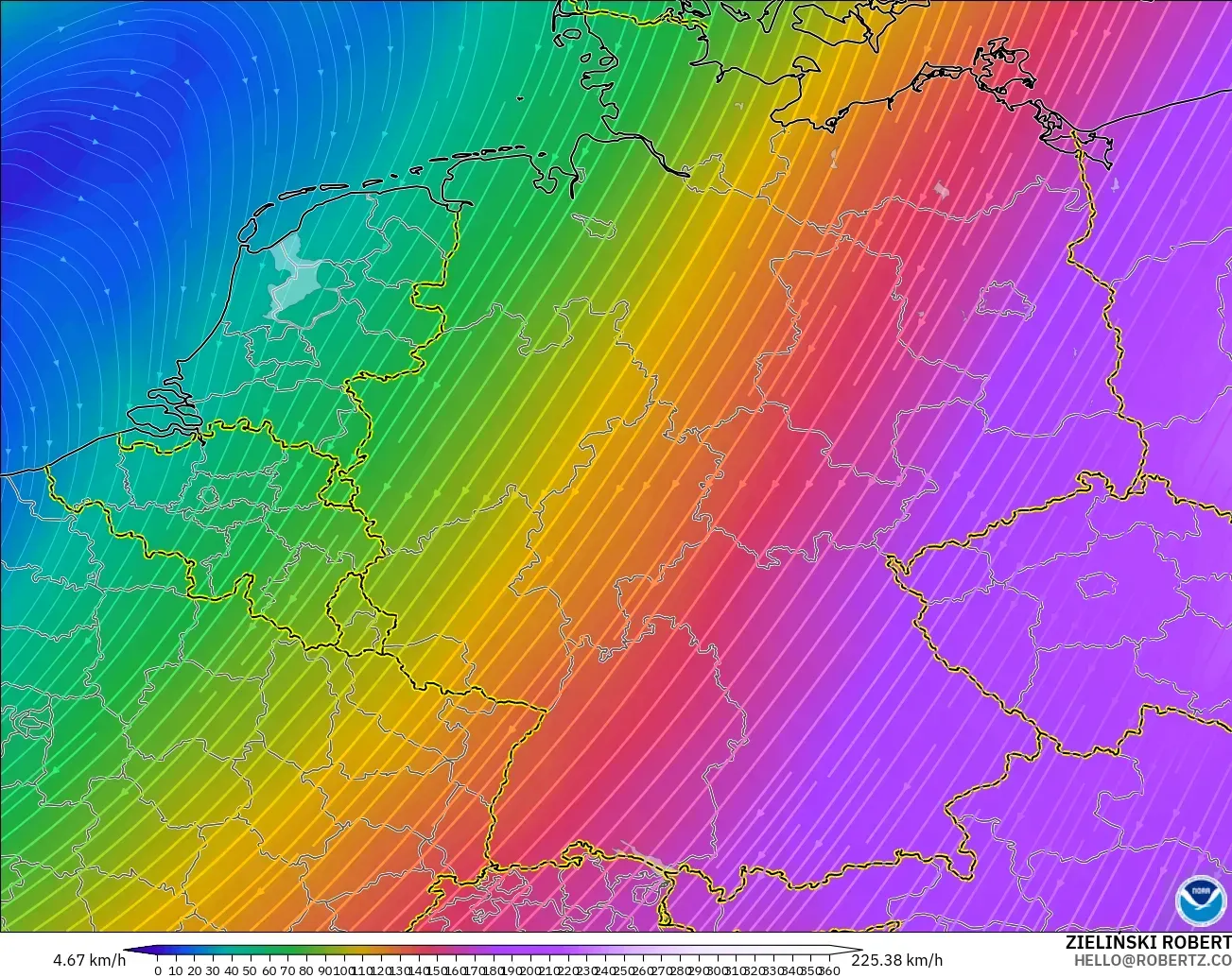 GFS modelo - Alemania, Viento a 300 hPa (corriente en chorro)