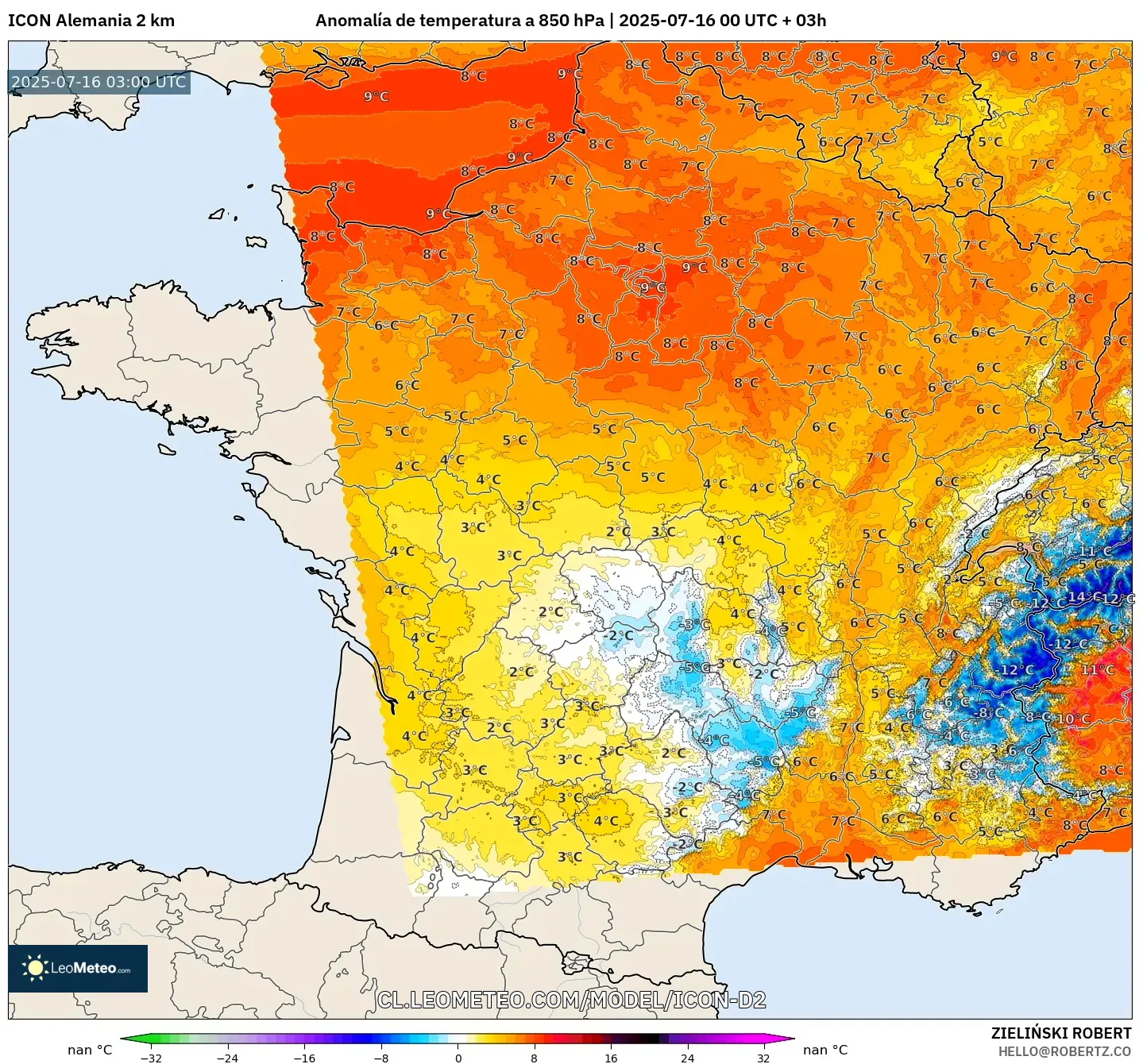 ICON Alemania 2 km model - Francia, Anomalía de temperatura a 850 hPa ICON Alemania 2 km model - Francia, Anomalía de temperatura a 850 hPa