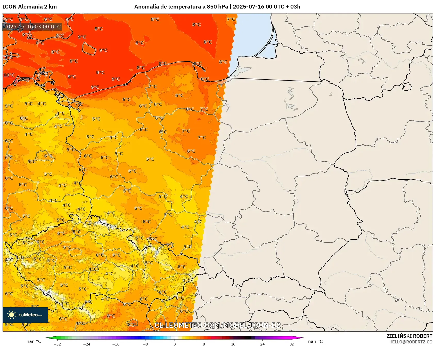 ICON Alemania 2 km model - Polonia, Anomalía de temperatura a 850 hPa