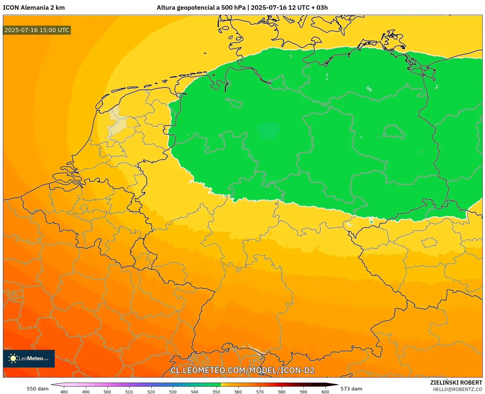 ICON Alemania 2 km model - Alemania, Altura geopotencial a 500 hPa ICON Alemania 2 km model - Alemania, Altura geopotencial a 500 hPa