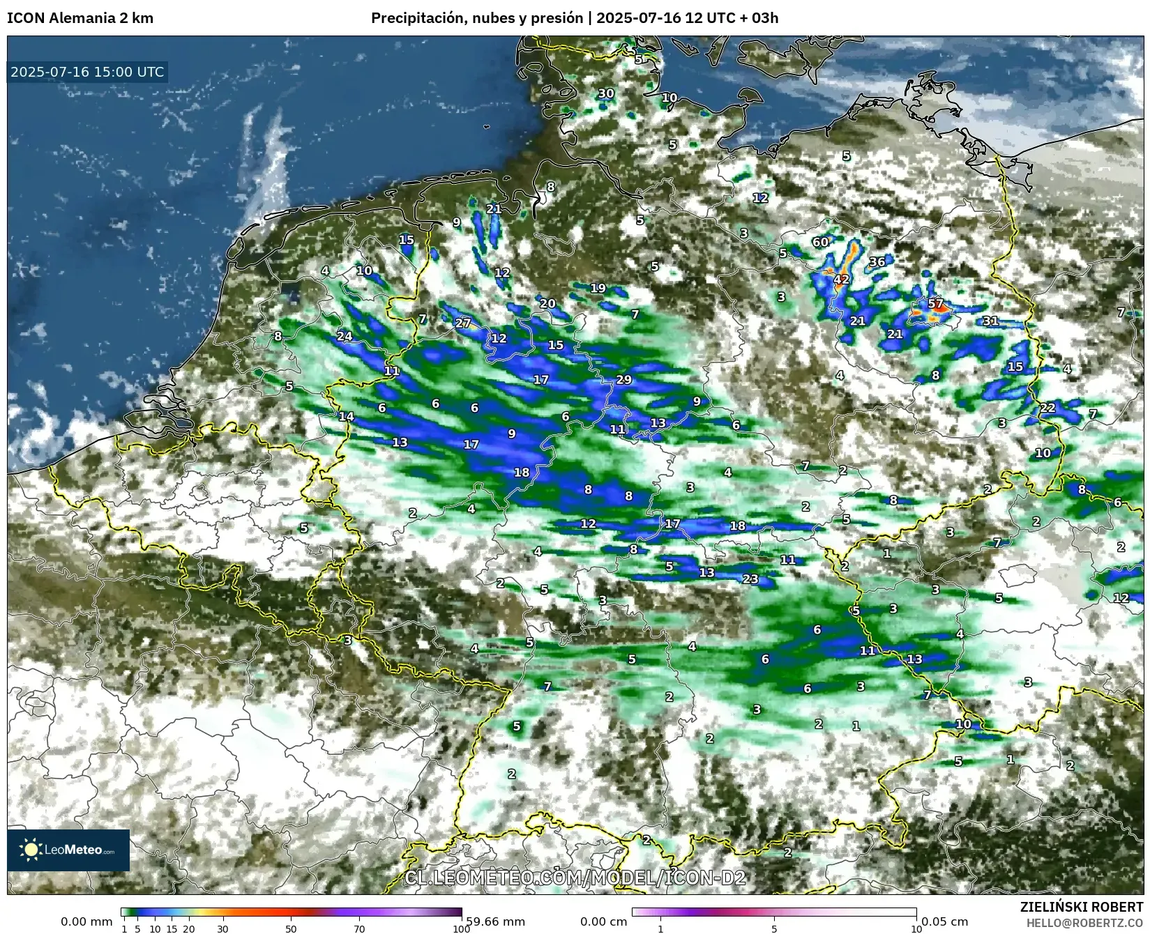 ICON Alemania 2 km model - Alemania, Precipitación, nubes y presión ICON Alemania 2 km model - Alemania, Precipitación, nubes y presión