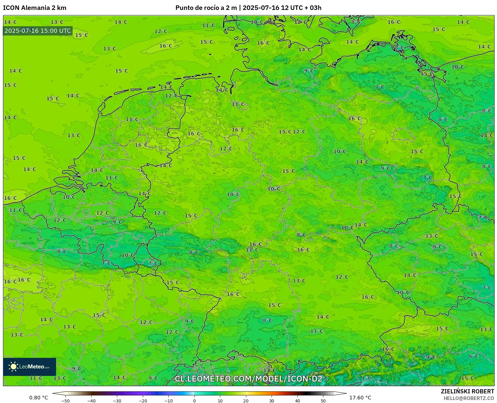 ICON Alemania 2 km model - Alemania, Punto de rocío a 2 m ICON Alemania 2 km model - Alemania, Punto de rocío a 2 m
