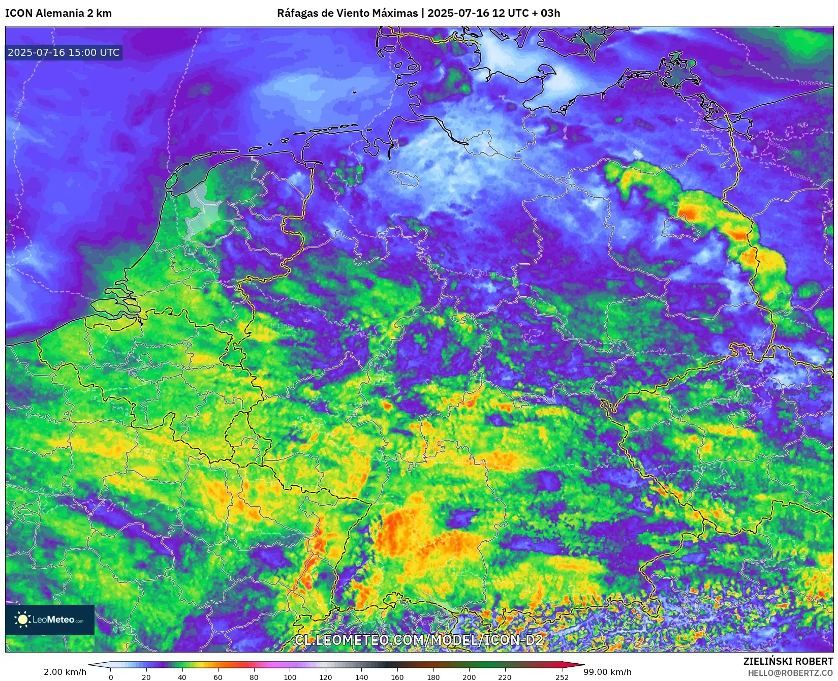 ICON Alemania 2 km model - Alemania, Ráfagas de Viento Máximas ICON Alemania 2 km model - Alemania, Ráfagas de Viento Máximas