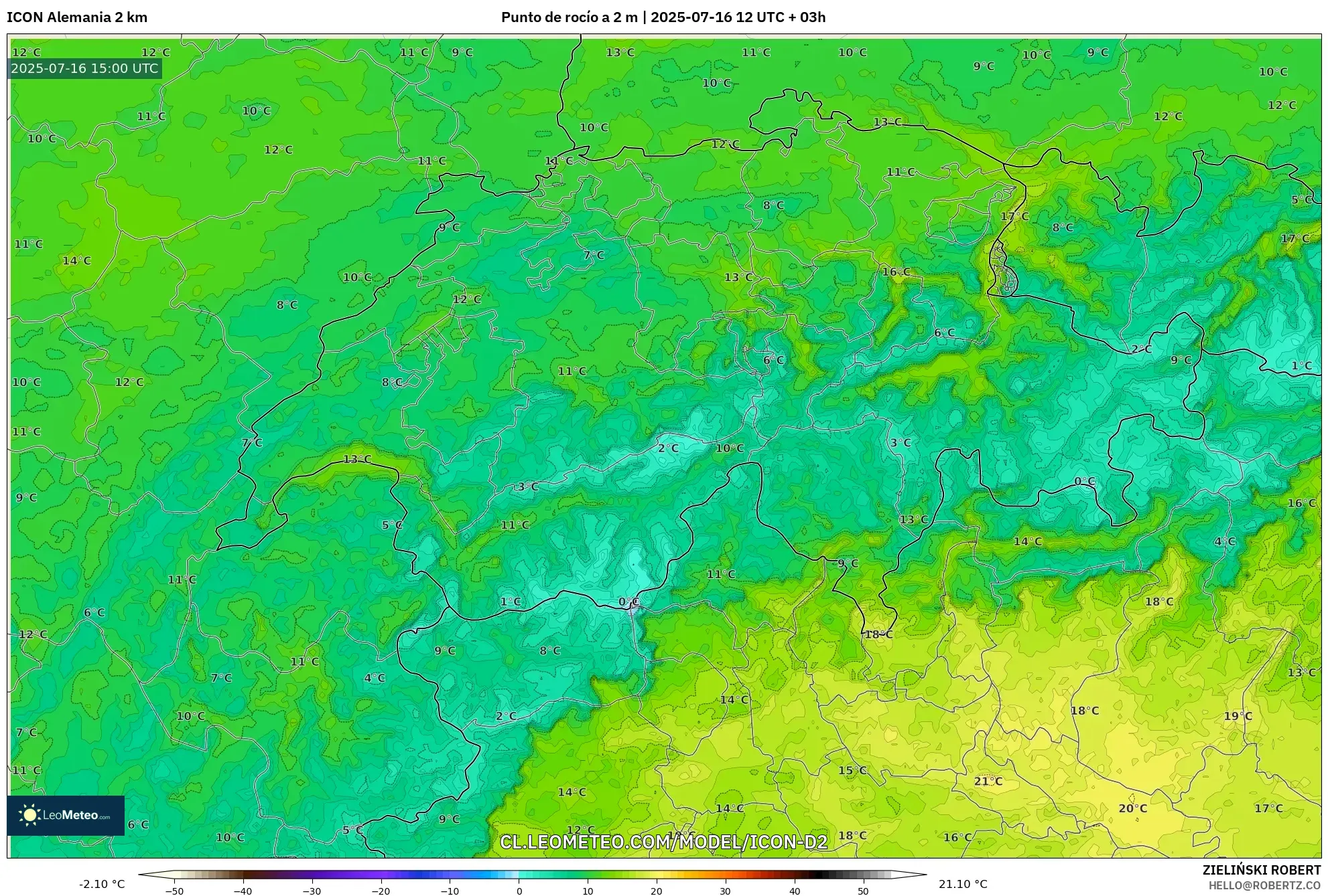 ICON Alemania 2 km model - Suiza, Punto de rocío a 2 m