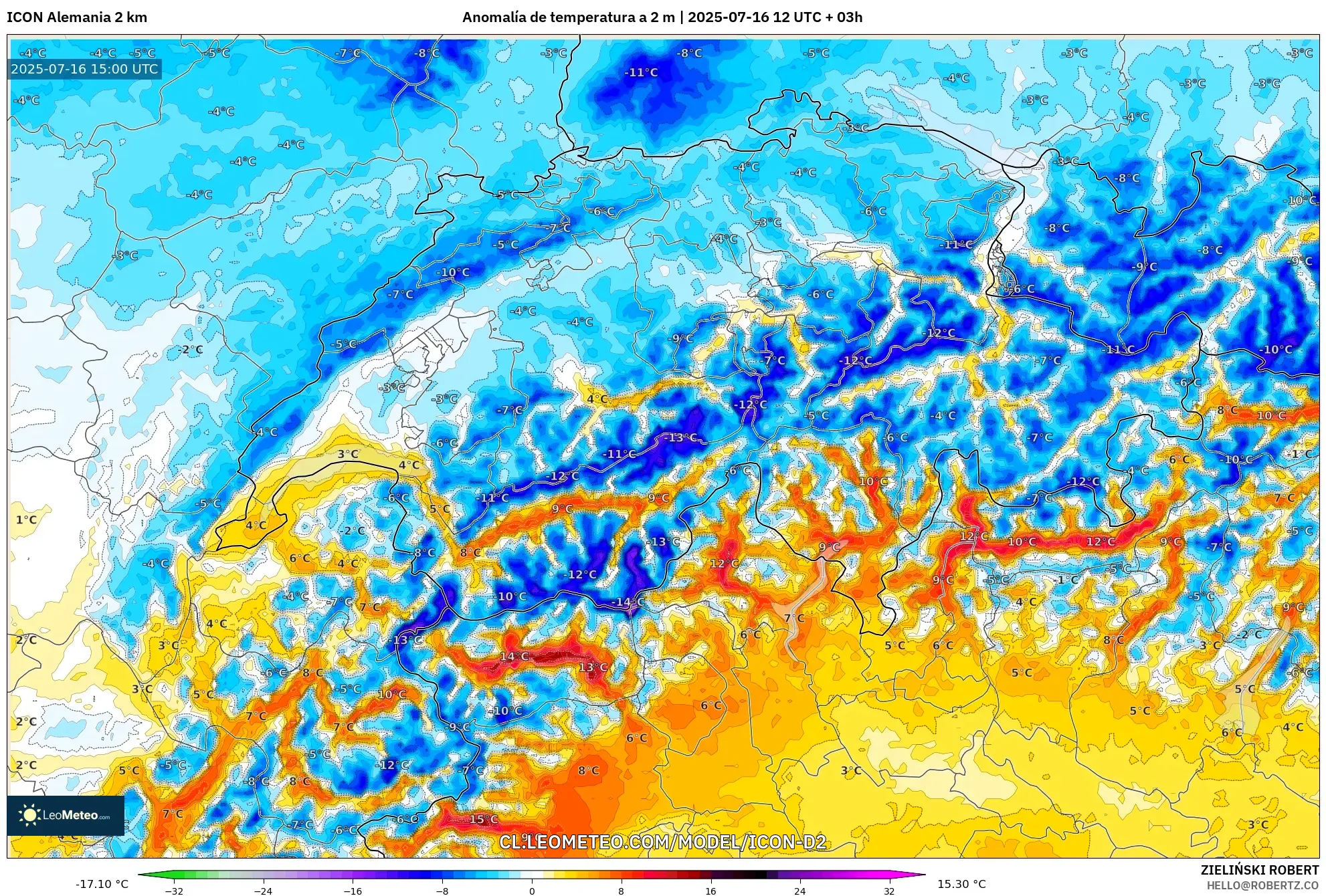 ICON Alemania 2 km model - Suiza, Anomalía de temperatura a 2 m ICON Alemania 2 km model - Suiza, Anomalía de temperatura a 2 m