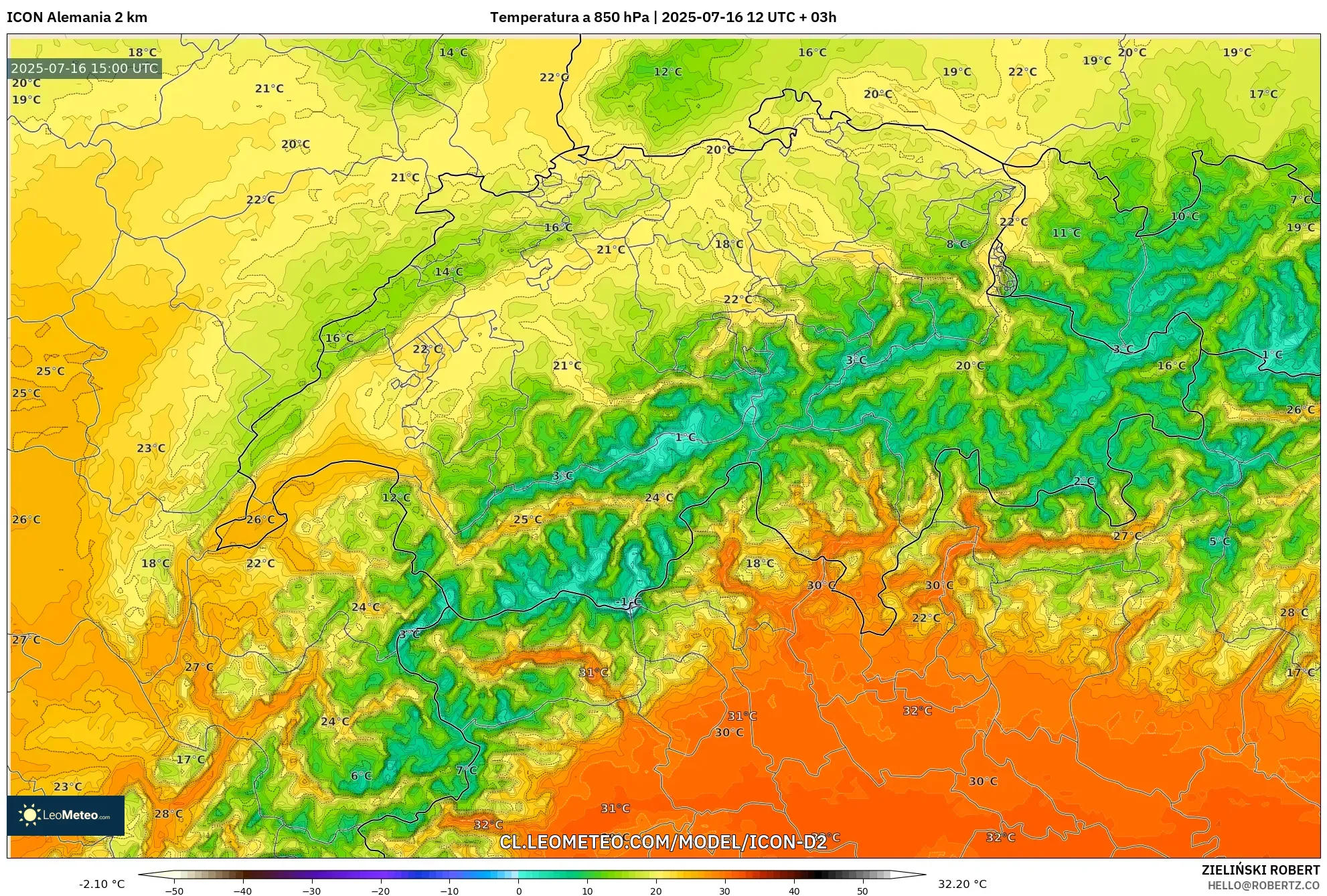 ICON Alemania 2 km model - Suiza, Temperatura a 850 hPa ICON Alemania 2 km model - Suiza, Temperatura a 850 hPa