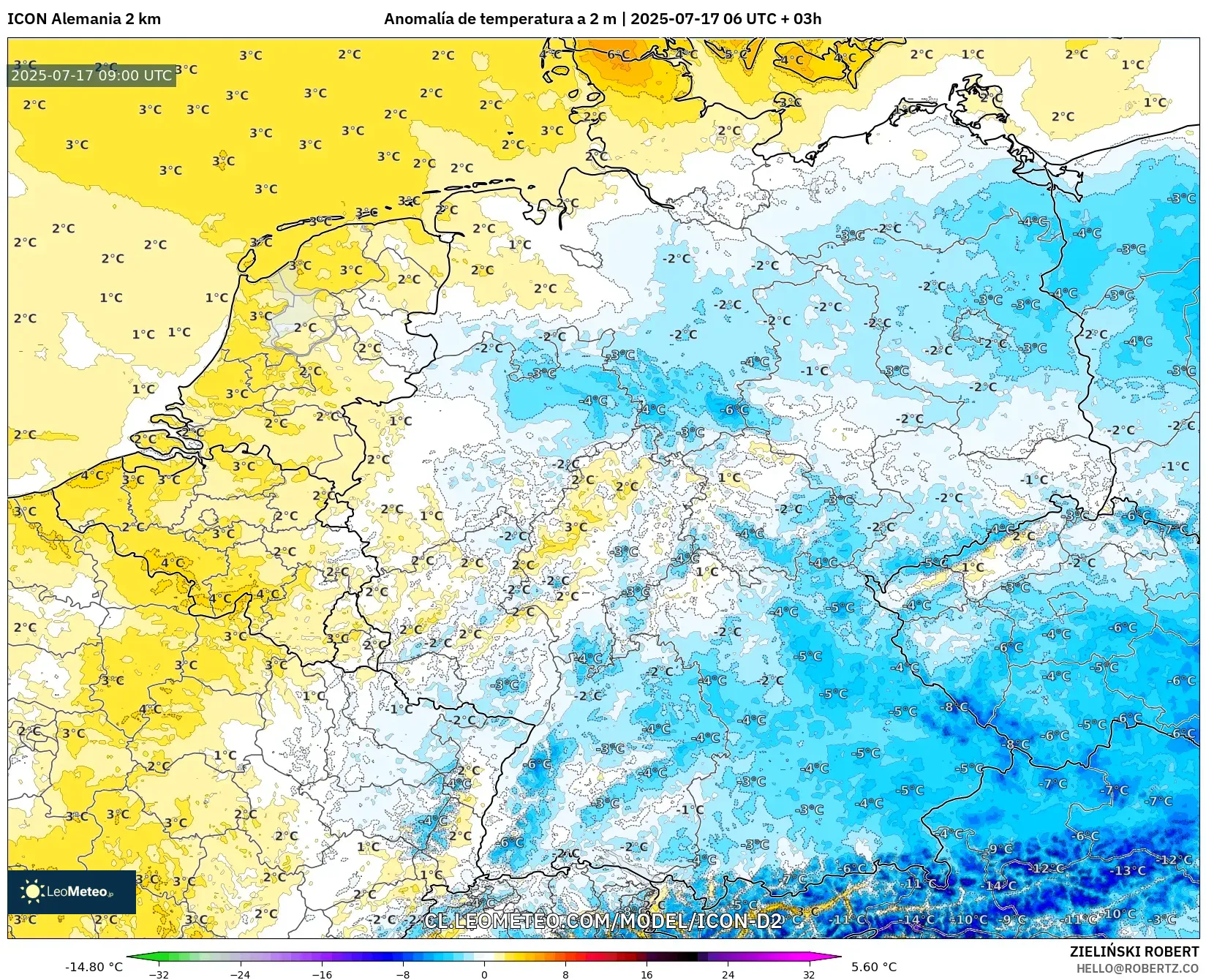 ICON Alemania 2 km model - Alemania, Anomalía de temperatura a 2 m ICON Alemania 2 km model - Alemania, Anomalía de temperatura a 2 m