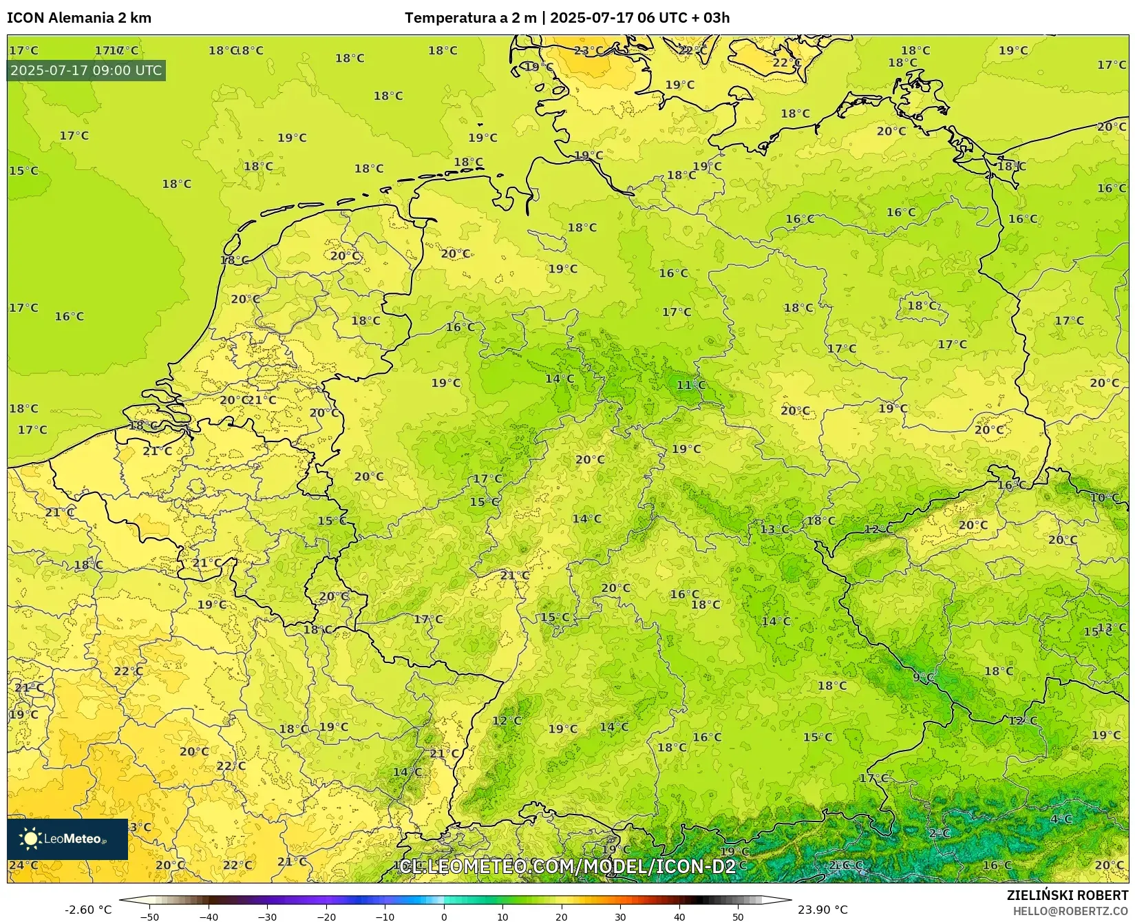 ICON Alemania 2 km model - Alemania, Temperatura a 2 m ICON Alemania 2 km model - Alemania, Temperatura a 2 m